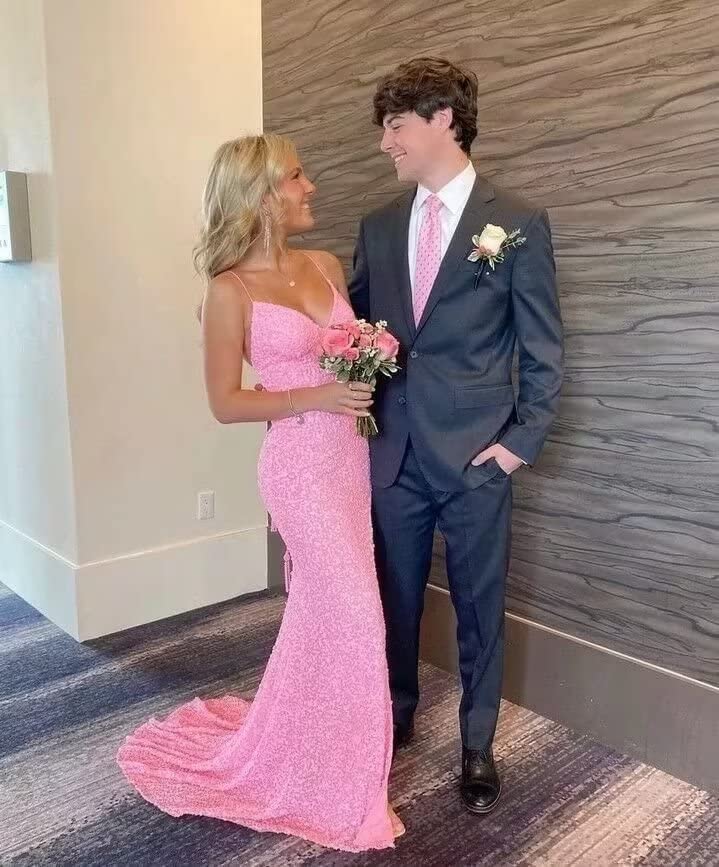 Sparkly Sequin Prom Dress with Spaghetti Straps & V-Neck - Mermaid Evening Gown with High Slit - Hot Pink Formal Dress Size 28 for Homecoming, Pageant & Special Occasions