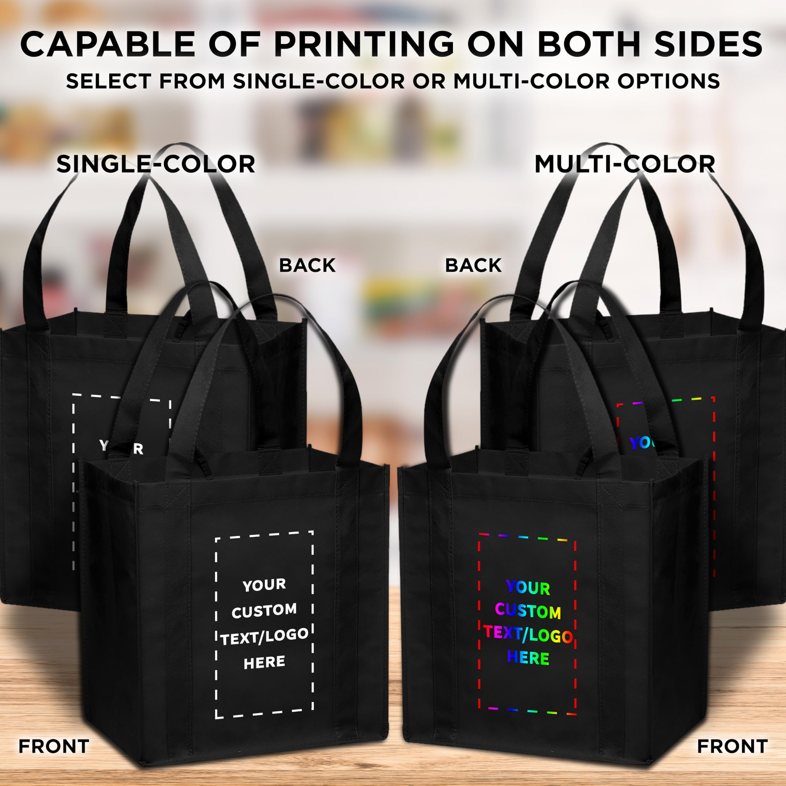 50 Pack Custom Reusable Grocery Tote Bags with Personalized Logo - Foldable Shopping Bags (12.625