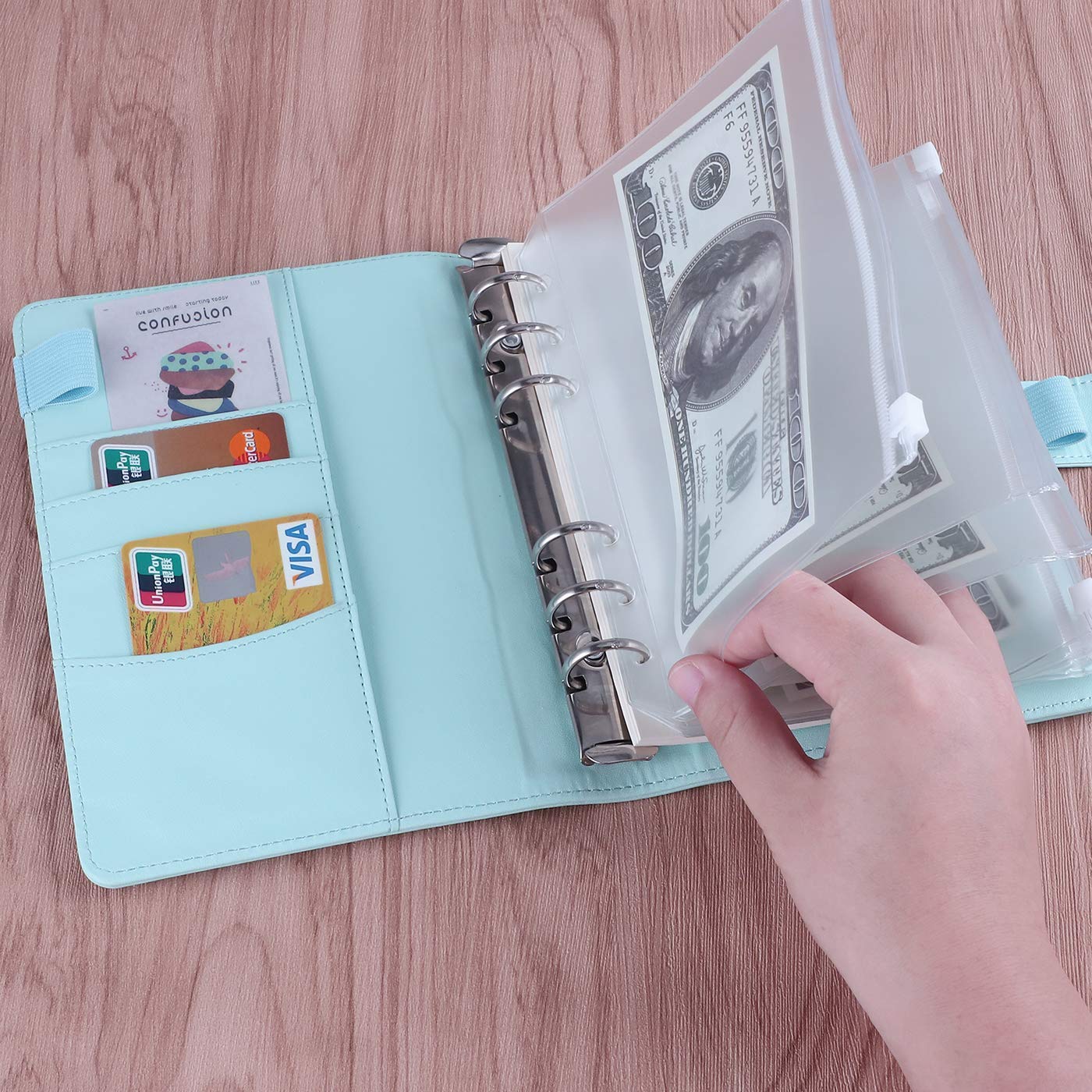 Antner A6 PU Leather Notebook Binder (Mint Blue) with 3-Pack Refill Paper, 160 Neon Page Markers & Dividers - Perfect for School, Office & Planner Organization