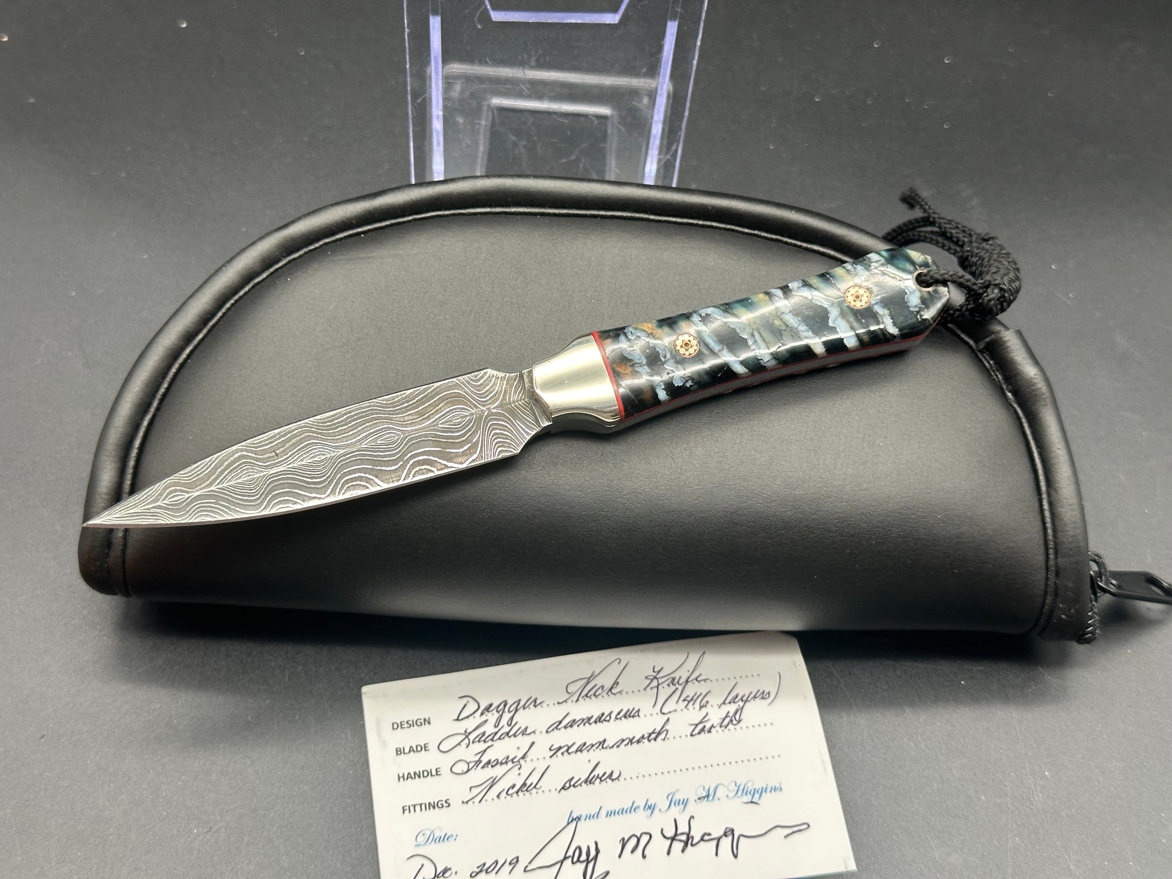 Custom Jay Higgins Neck Knife with Mammoth Tooth Scales & Ladder Damascus Blade – Perfect for Outdoor Adventures, Hunting, and Survival Gear