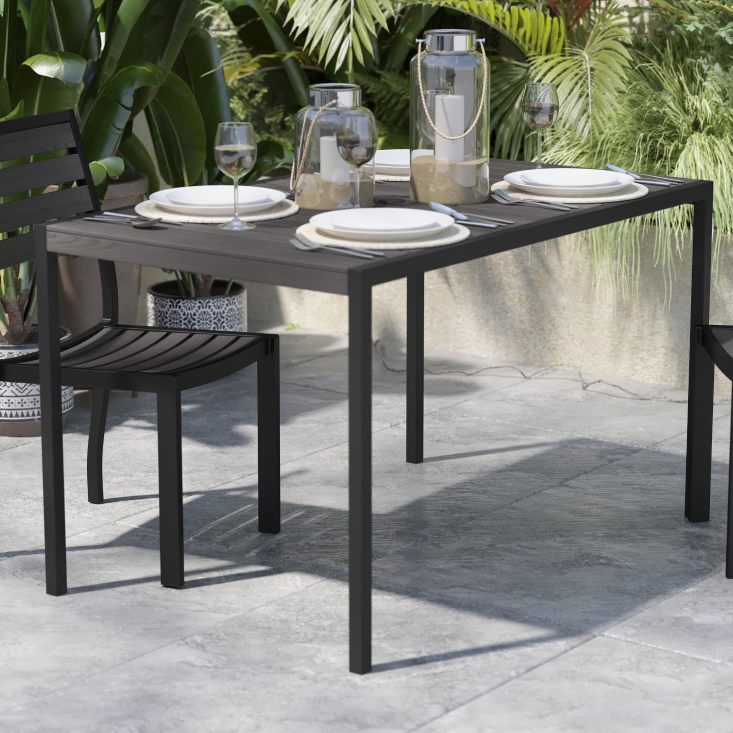 Flash Furniture Lark Commercial Outdoor Steel Dining Table with Umbrella Hole - Gray Wash Faux Teak Poly Slatted Top - Black Frame - 30x48 Inch - Seats 4 Adults - Perfect for Patio, Backyard, Restaurant Outdoor Dining