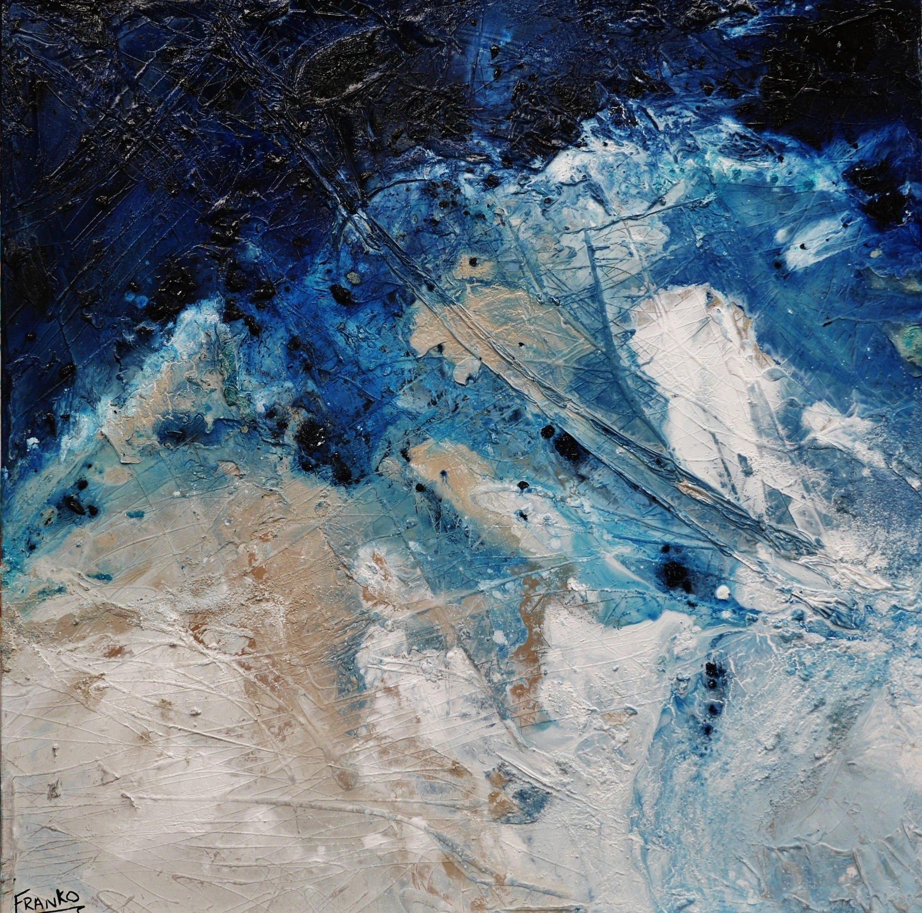 Navy Blue Silk Abstract Textured Painting 47x47 Inches - White & Cream Modern Wall Art for Living Room, Bedroom, Office Decor