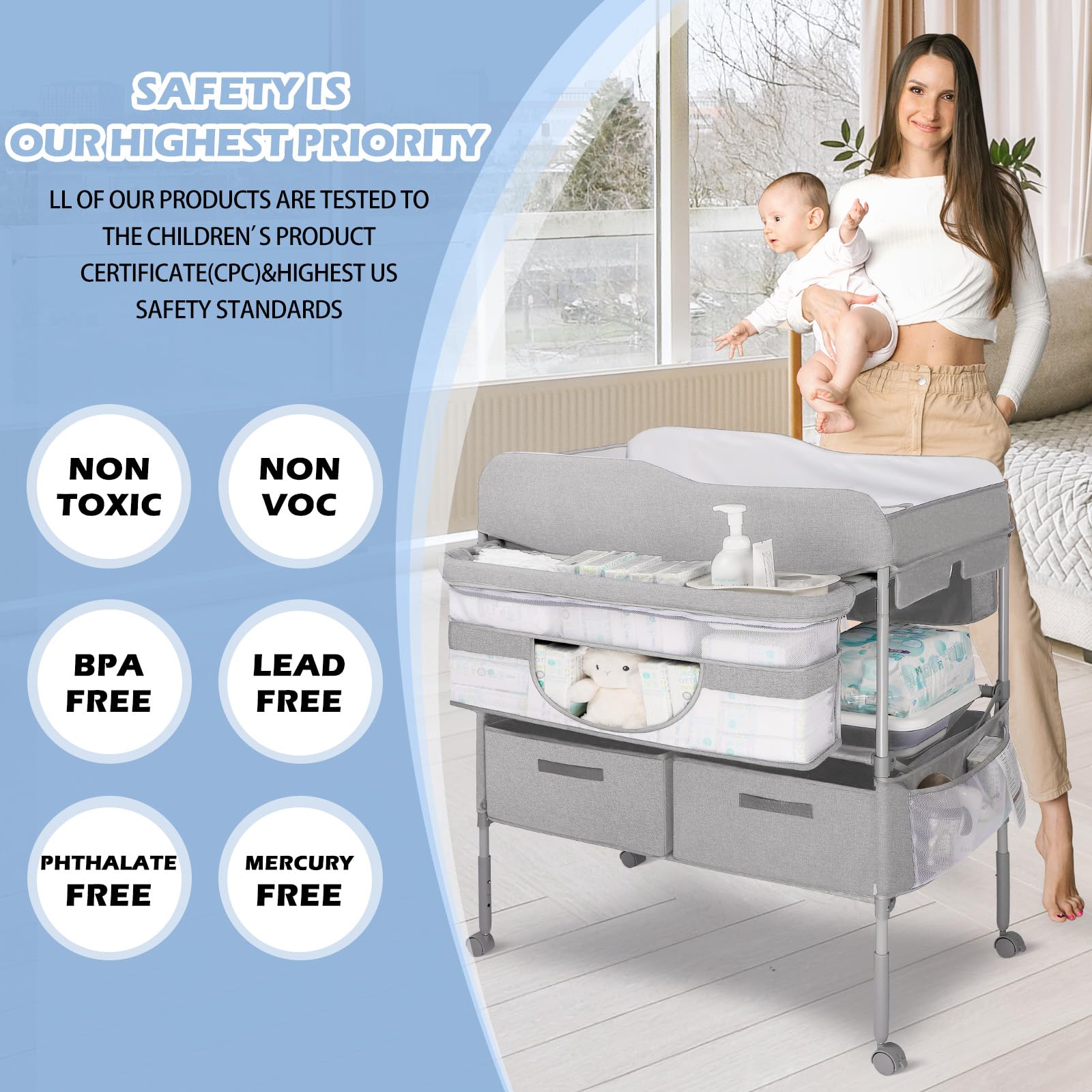 Portable Baby Changing Table with Nappy Mats & Storage - Foldable Diaper Changing Station for Newborns & Infants, Includes Safety Belt, Locking Wheels & Baby Potties - Perfect for Nursery, Travel & Home Use