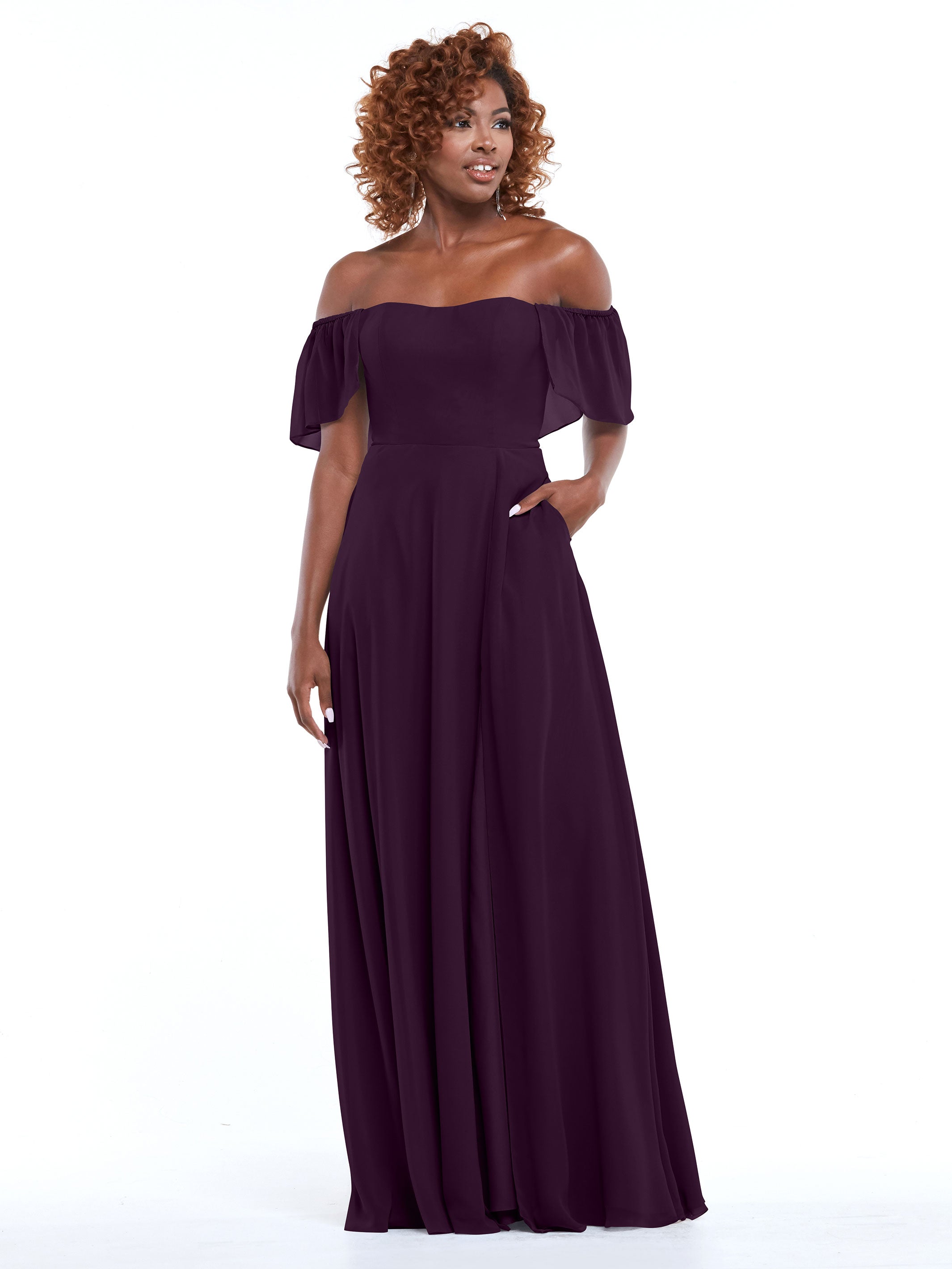 Elegant A-Line Off-The-Shoulder Chiffon Bridesmaid Dress with Pockets - 80168 | Perfect for Weddings, Formal Events & Special Occasions