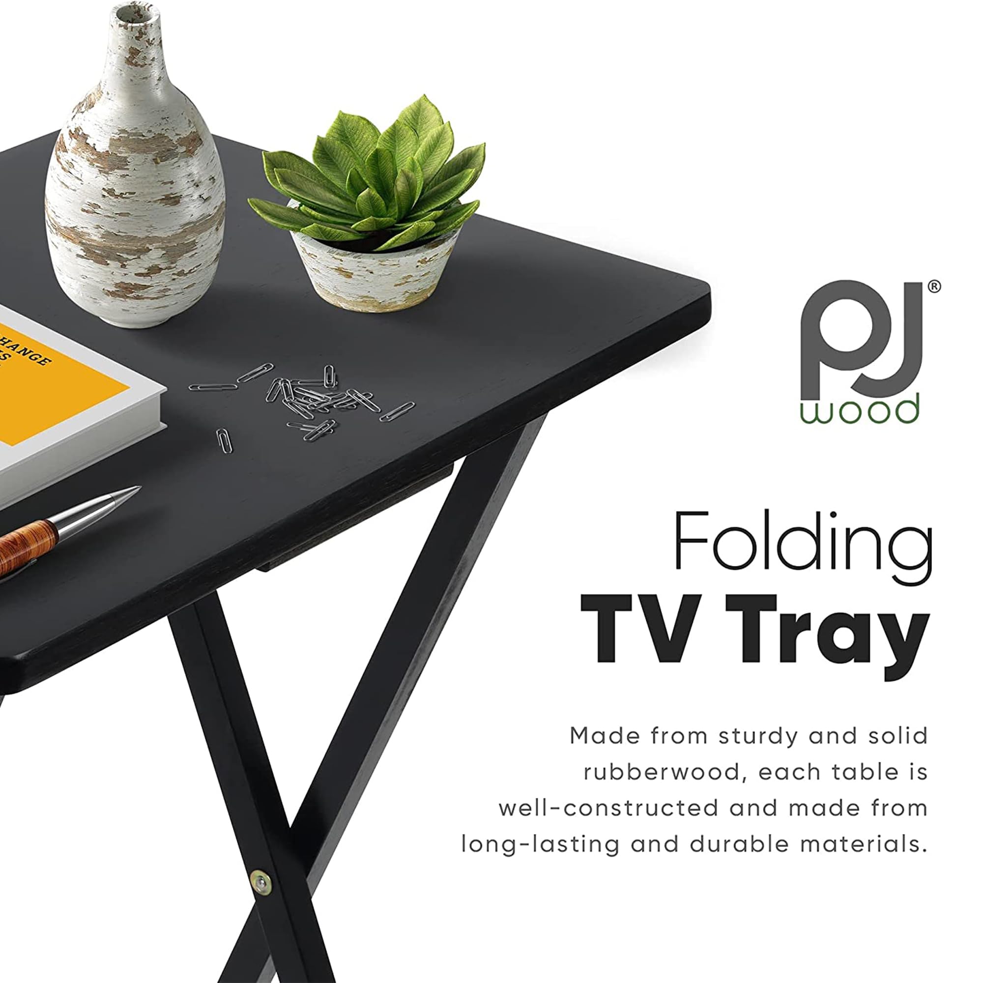 Portable Folding TV Snack Tray Table - Solid Wood Construction Serving Stand with Sturdy Design - Black 8-Piece Set - Perfect for Movie Nights, Bedroom Snacking & Living Room Entertainment