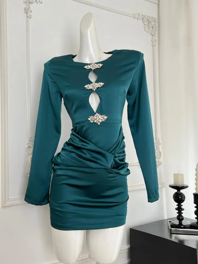 2024 Autumn Women's Green Diamond Elegant Wrap Hip Pleated Short Dress - Round Neck Hollow Out Sexy Party Evening Dress for Festival, Club & Date Night