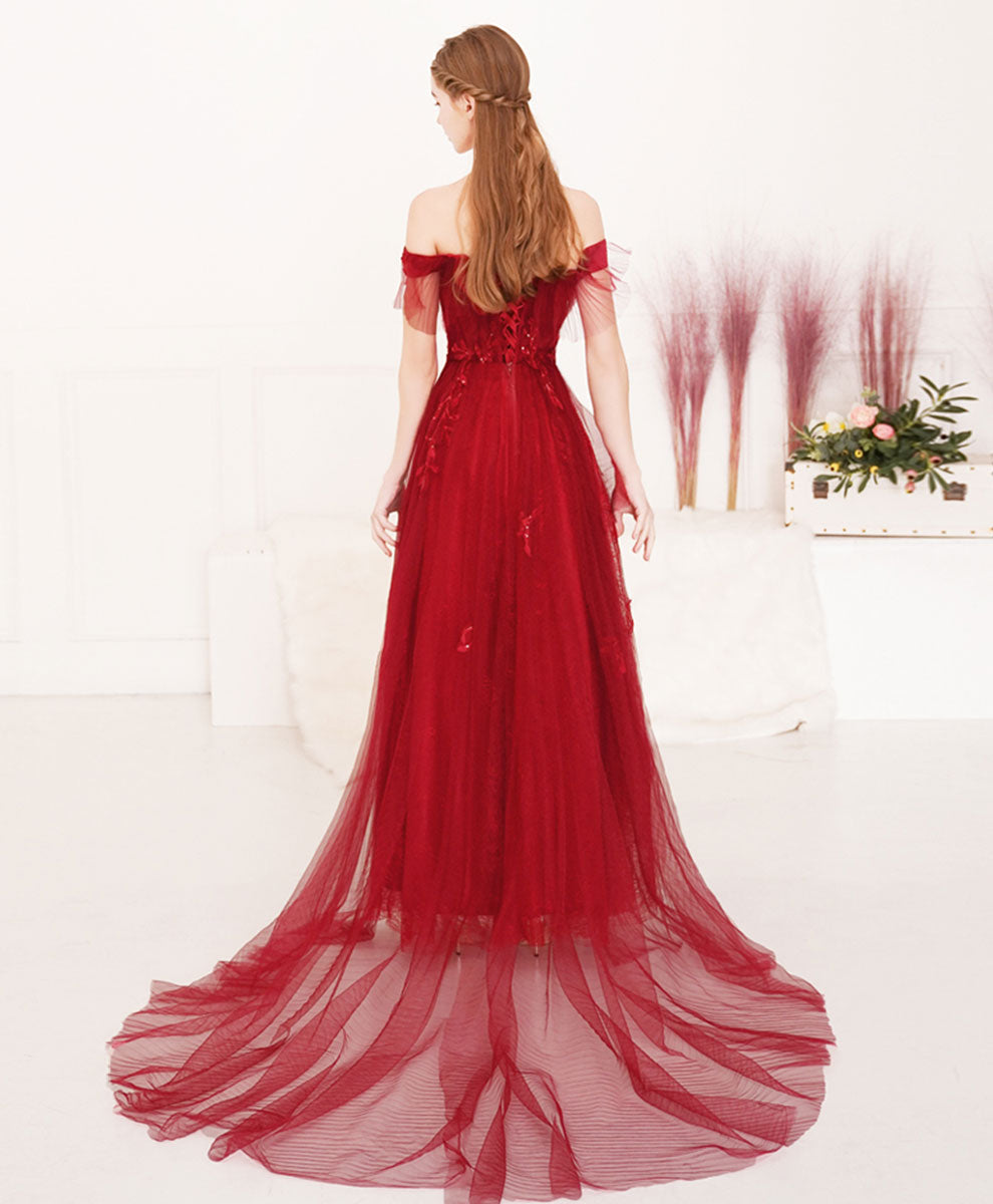 Elegant Burgundy Tulle Lace Long Prom Dress - Formal Evening Gown for Homecoming, Wedding & Special Occasions