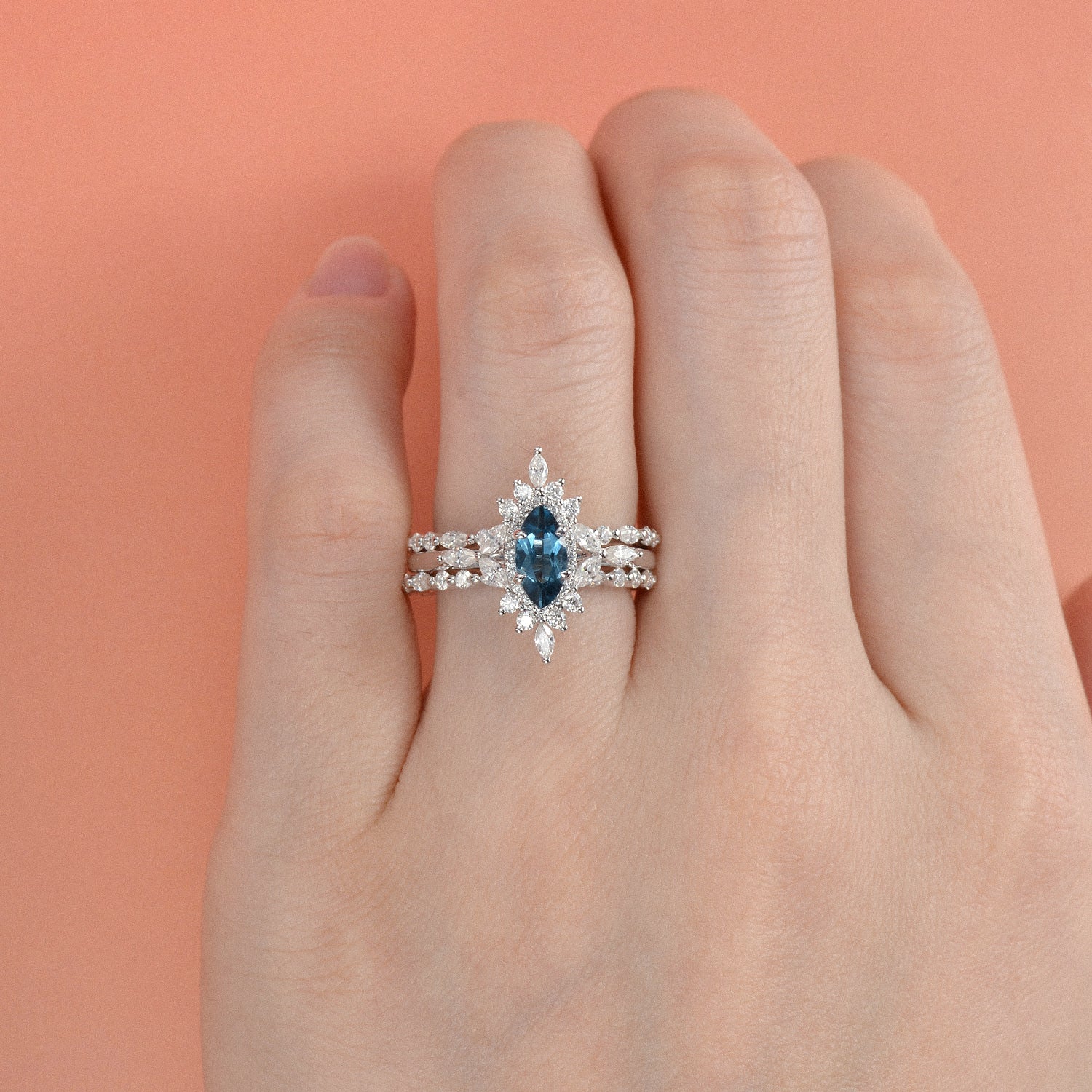 1.0ct Marquise Cut Moss Agate Vintage Ring Set - 3 Piece Cluster Wedding Band, Engagement Ring for Women - Perfect for Boho Bridal, Anniversary Gifts & Special Occasions
