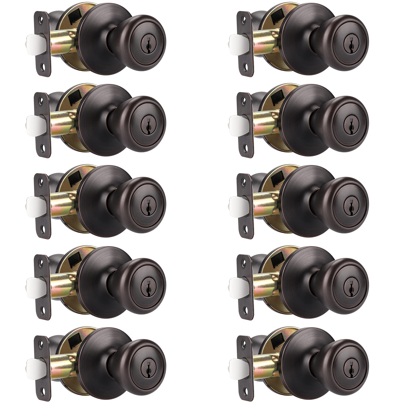 GobeKOR 10-Pack Oil Rubbed Bronze Keyed Alike Entry Door Knobs with Same Keys - Exterior Door Lock Set for Home Security (Tulip Design, Perfect for Front Doors, Back Doors & Rental Properties)
