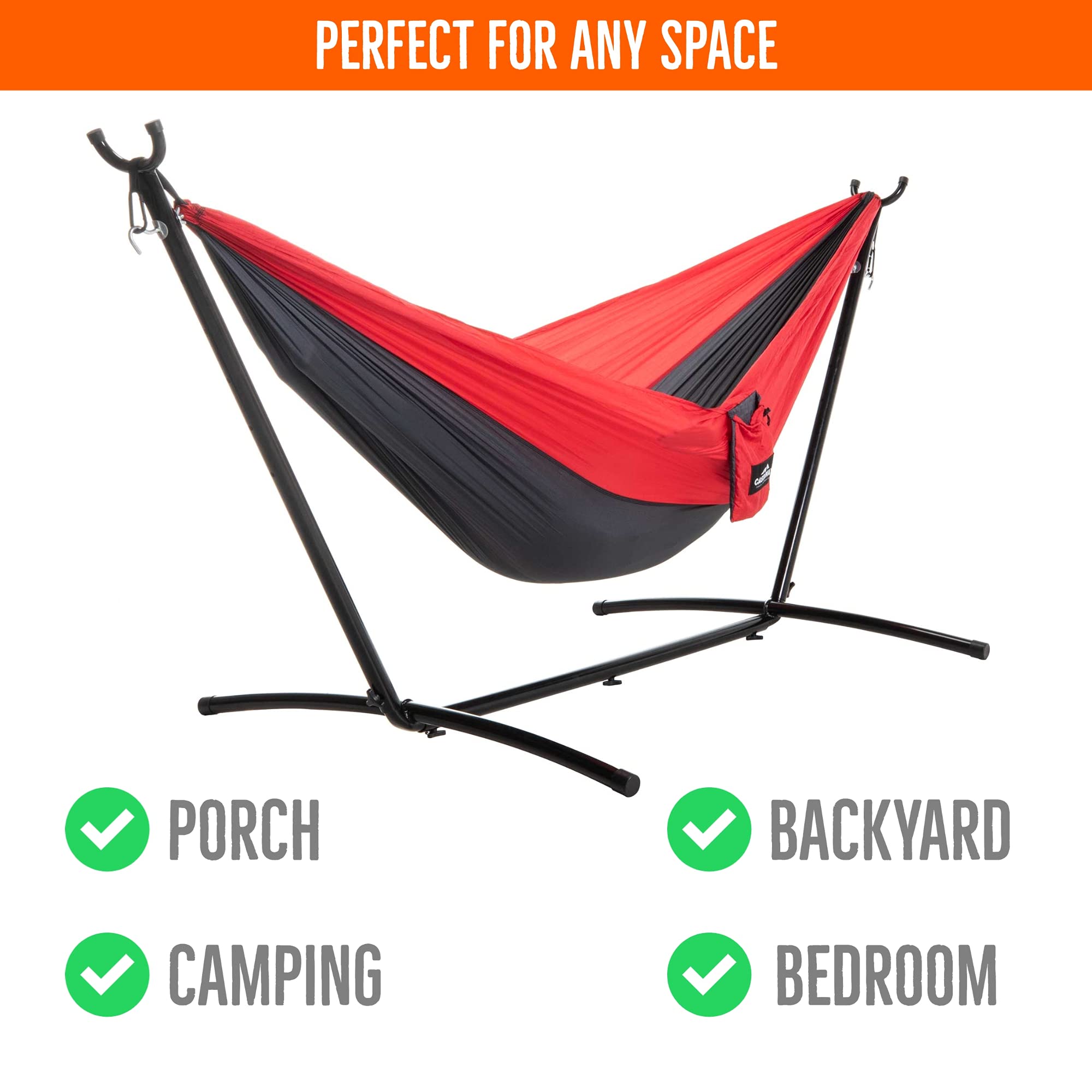 Castaway Living Portable Camping Hammock with Space-Saving Stand & Carry Bag - 400 LB Capacity (Red/Charcoal) - Perfect for Backpacking, Beach Trips & Backyard Relaxation