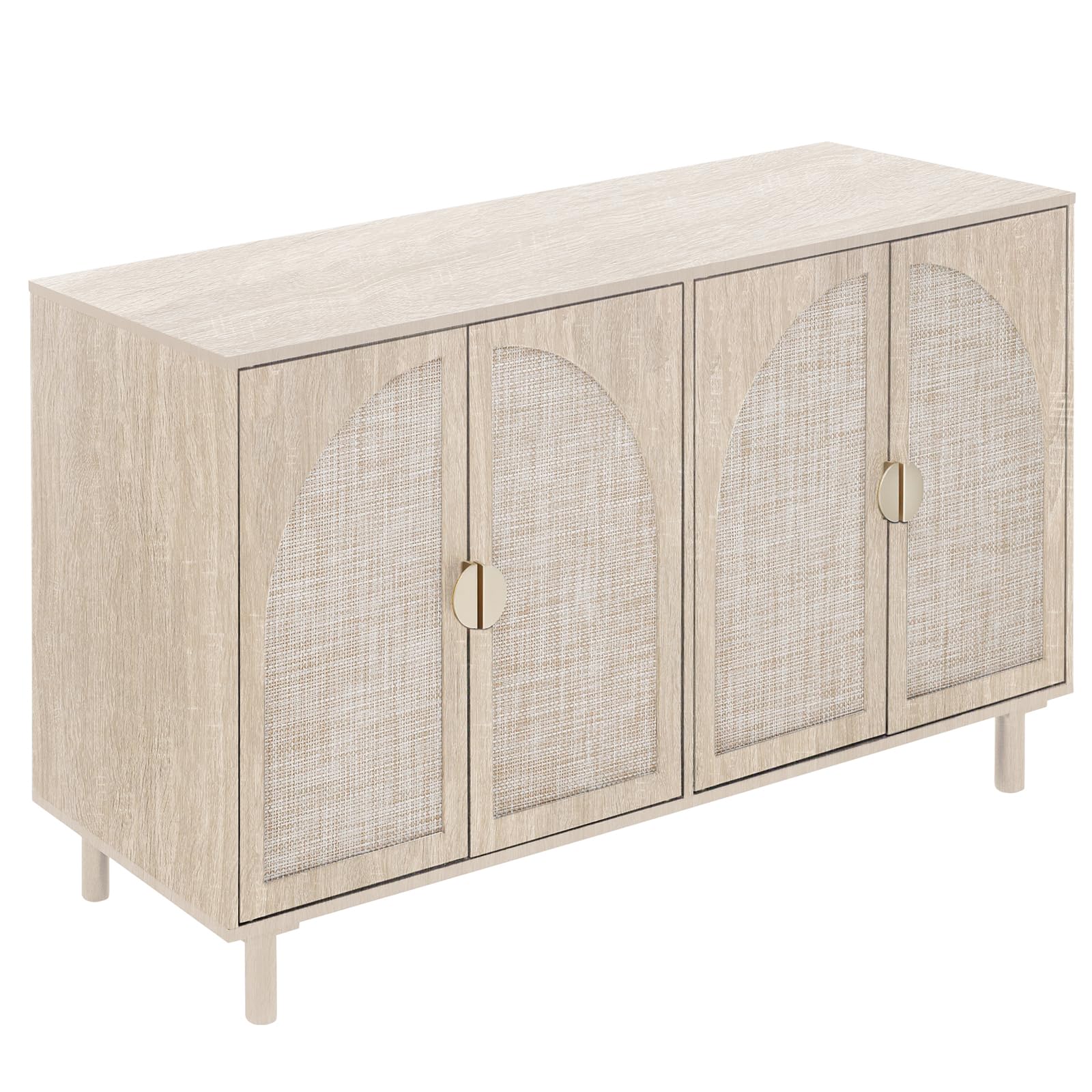 Modern Rattan Sideboard Buffet Cabinet with 4 Doors & 2 Adjustable Shelves - Boho Storage Cabinet for Living Room, Kitchen, Dining Room - Natural Woven Accent Console for Home Organization & Decor