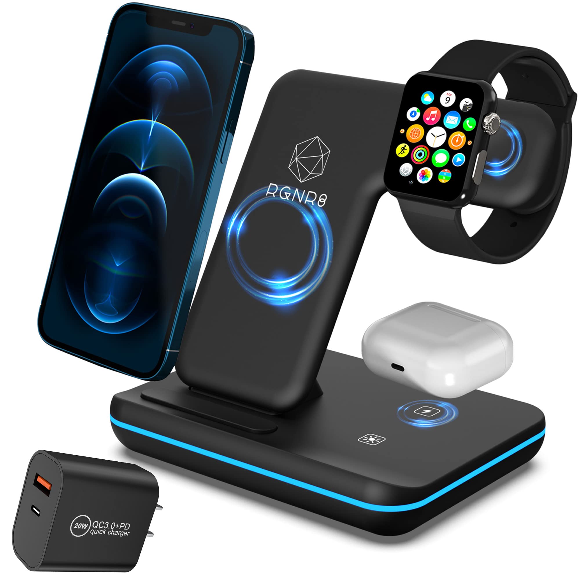 3 in 1 Wireless Charging Station for iPhone, Apple Watch & AirPods - Qi Fast Charger Compatible with Samsung Galaxy & Smartphones - Includes QC3.0 Adapter - Perfect for Bedside, Office & Travel Charging