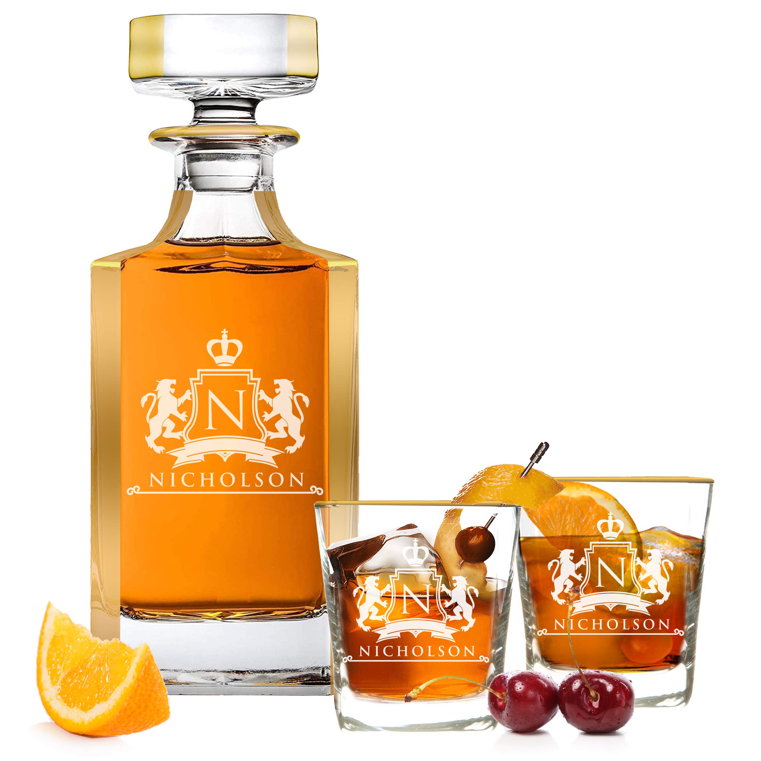 Personalized Whiskey Decanter Set with 2 Glasses - Custom Engraved Gold Trim Barware for Gifts, Anniversary & Home Decor - Perfect for Whiskey Lovers & Entertaining Guests