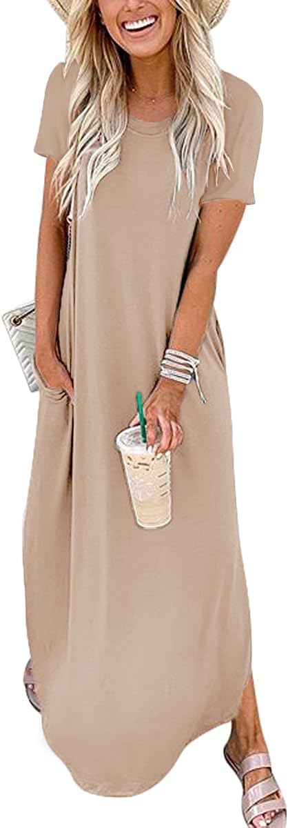 Women's Casual Summer Maxi Dress - Short Sleeve Crewneck Sundress with Side Slit & Pocket | Perfect for Beach Vacations, Date Nights & Summer Outings