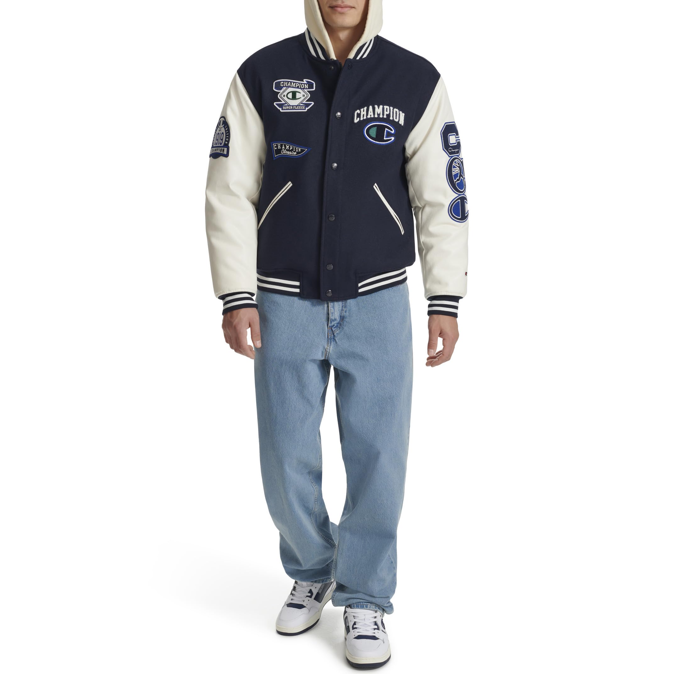 Champion Men's Letterman Varsity Bomber Jacket with Embroidered Patches - Classic Athletic Style for School, College & Casual Wear
