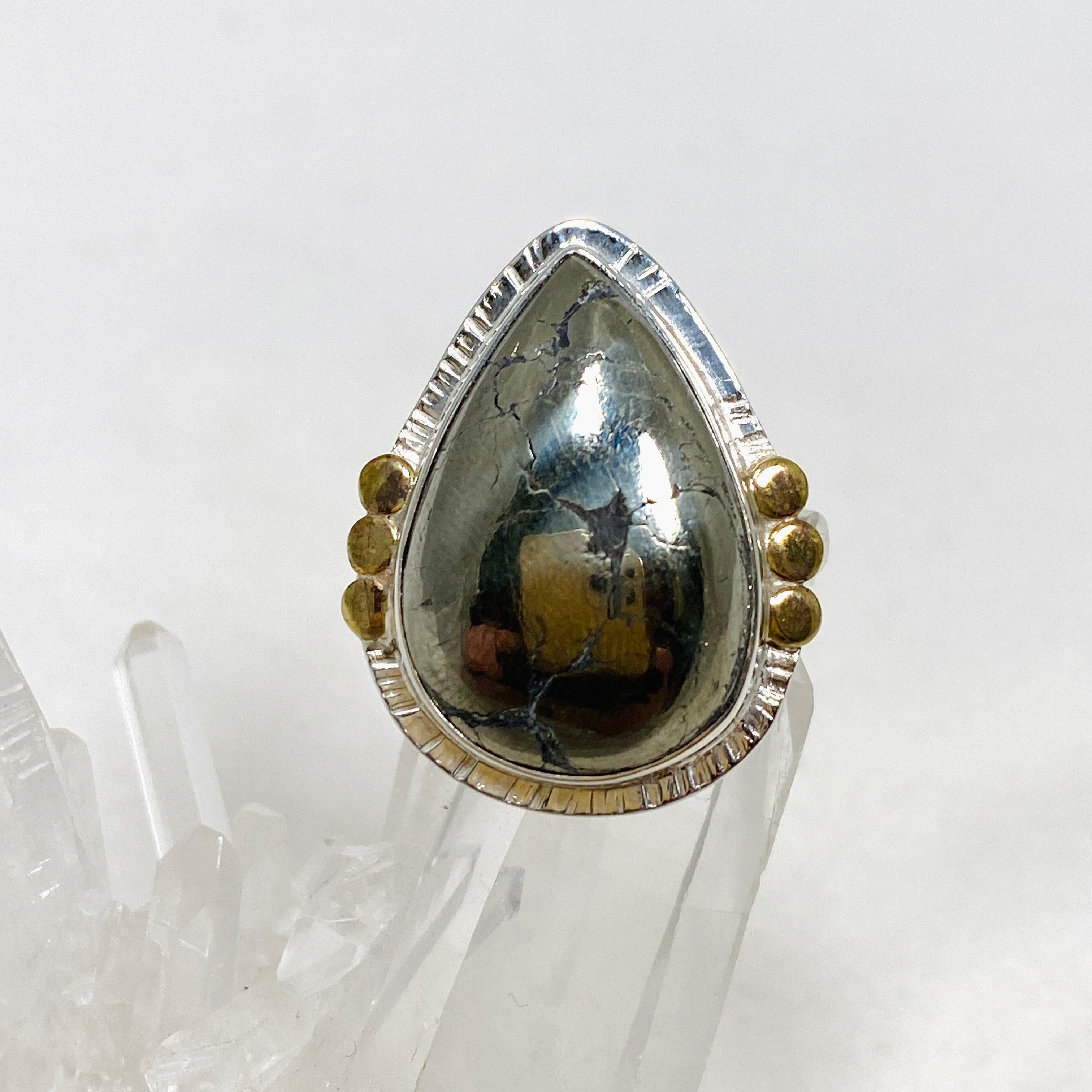 Healer's Gold Teardrop Ring with Brass Accents - Size 10 - KRGJ3197 - Perfect for Spiritual Healing, Meditation & Boho Fashion