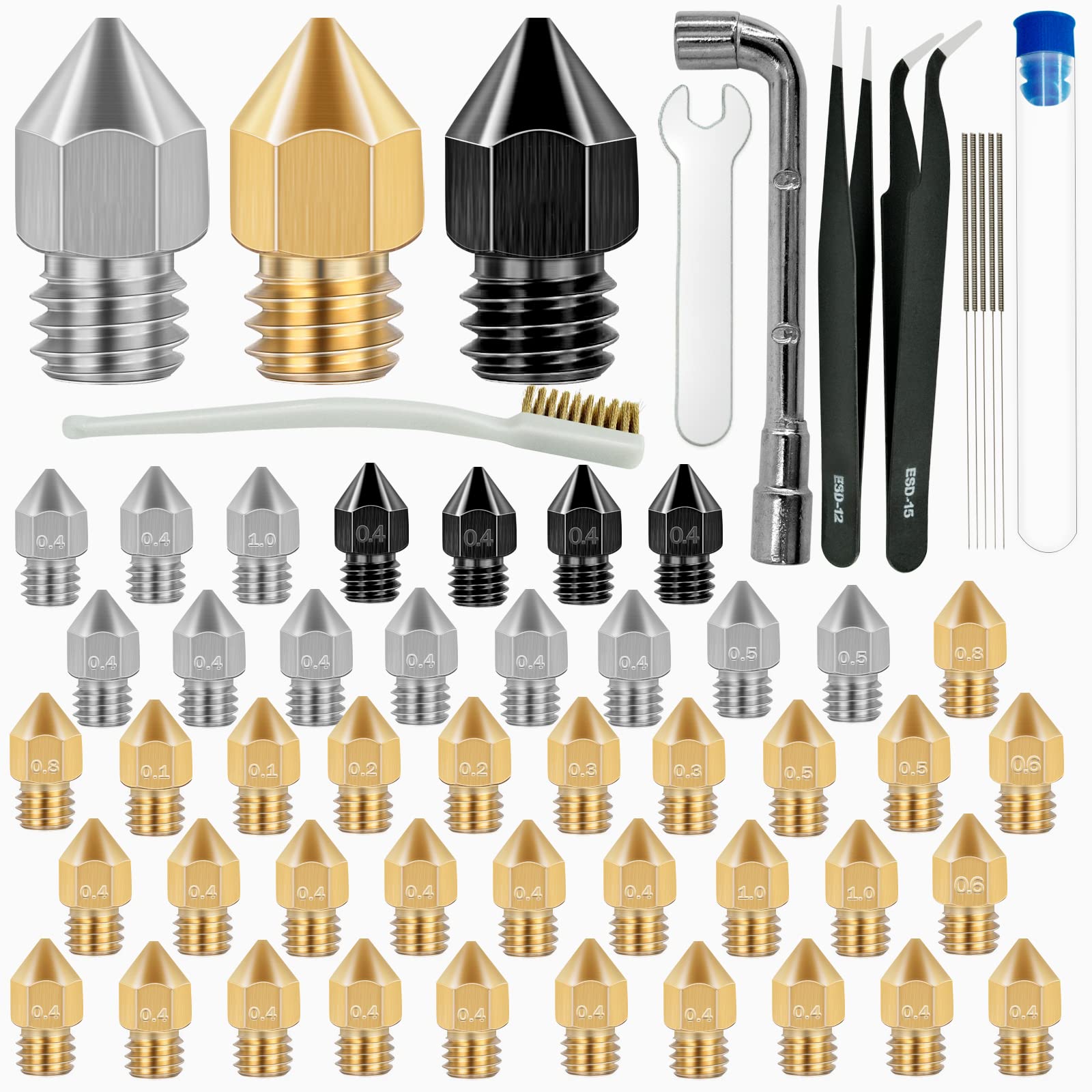 50 Pcs 3D Printer Nozzles Kit - Hardened Steel, Stainless Steel & Brass Extruder Nozzles for CR-10, Ender 3 | High Temperature Resistant, Wear Proof MK8 Nozzles with Cleaning Kit | Perfect for DIY 3D Printing, Prototyping & Model Making