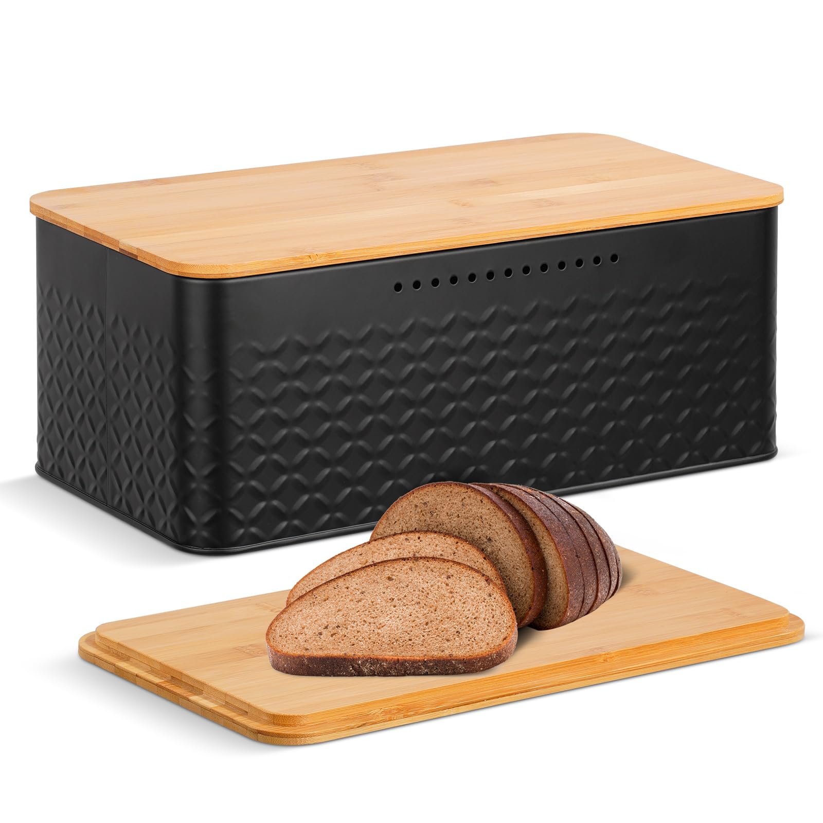 Stainless Steel Bread Box with Bamboo Cutting Board Lid - Airtight Bread Storage Container for Kitchen Countertop, Modern Bread Bin & Bread Keeper - Perfect for Home Baking, Pantry Organization & Kitchen Decor (Black)