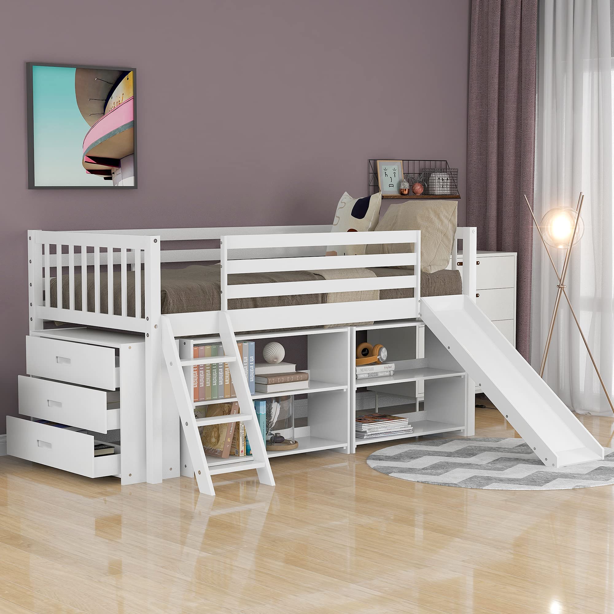 Merax Twin Loft Bed with Bookcases & Slide - Wooden Study Loft Bed Frame with Drawers - Space-Saving Kids & Teens Bedroom Furniture for Small Rooms (White)