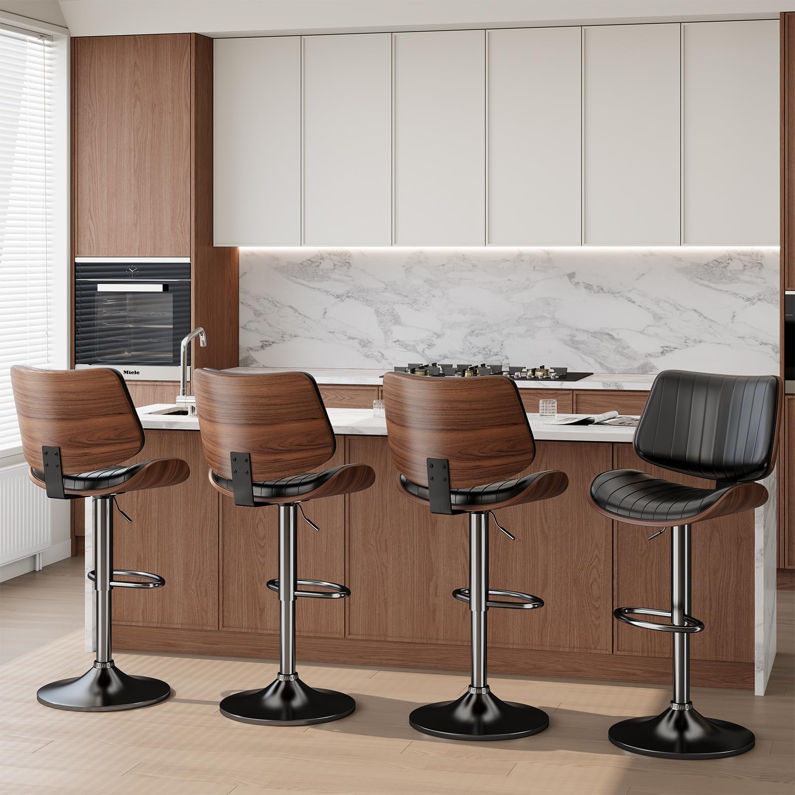 **4-Pack Adjustable Swivel Bar Stools with PU Leather Upholstery & Footrest - Modern Bentwood Bar Chairs for Kitchen Island, Counter, Dining Room & Home Bar - Black (Perfect for Entertaining & Casual Dining)**