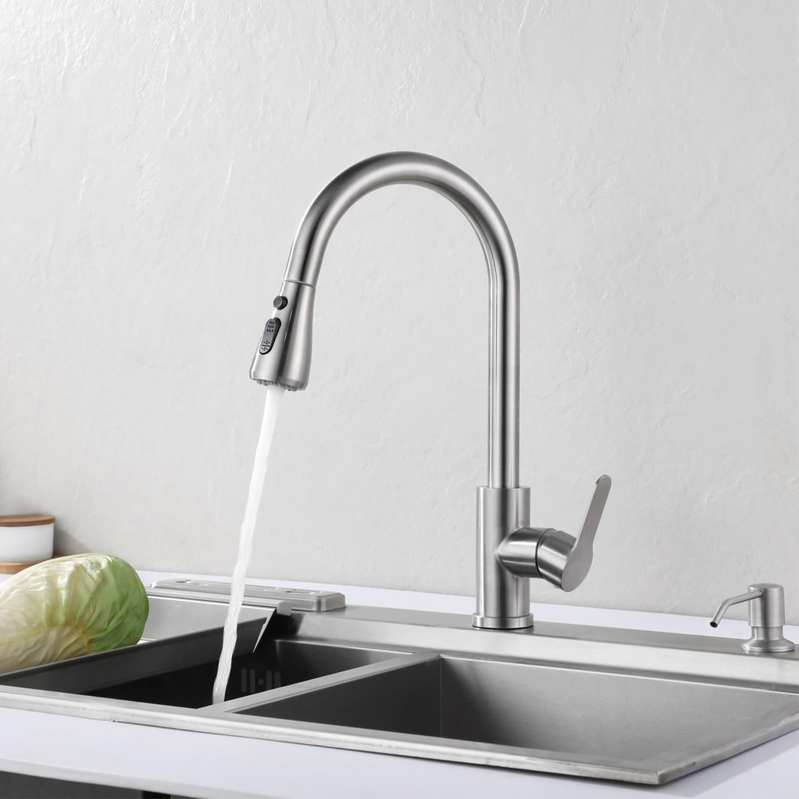 LKUWEE 360° Swivel Pullout Kitchen Faucet, Stainless Steel Brushed Nickel, Hot and Cold Water Tap with 2 Hoses, Ideal for Modern Home Kitchens