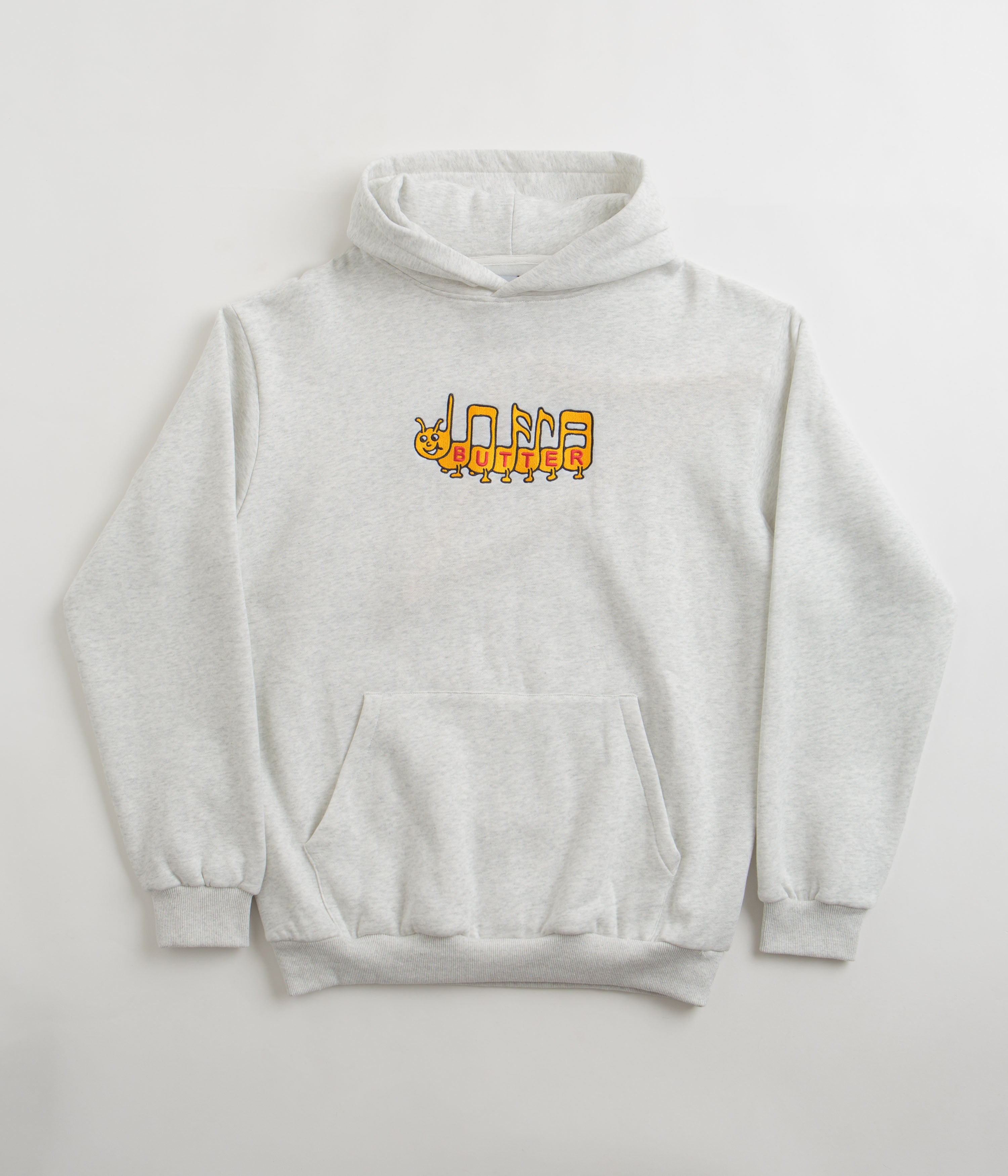 Butter Goods Caterpillar Embroidered Hoodie - Ash Grey Pullover Sweatshirt for Men & Women | Streetwear Fashion, Casual Wear & Outdoor Activities