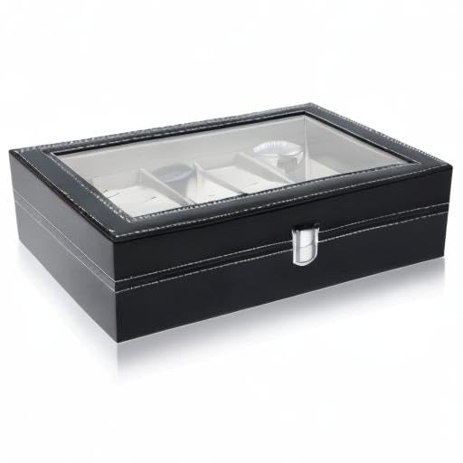 Ohuhu 12-Slot PU Leather Watch Box with Real Glass Lid - Soft Velvet Jewelry Organizer & Watch Display Case for Men and Women - Perfect for Watch Collection Storage, Birthday Gifts & Home Décor