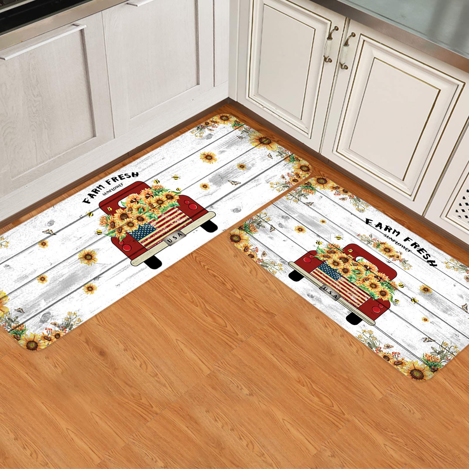 Farm Fresh Sunflower Non-Slip Kitchen Mats Set of 2 - Cushioned Standing Mats with Red Truck & Bees Design - Anti-Fatigue Floor Rugs for Kitchen, Office & Home Decor - Perfect for Cooking, Dishwashing & Comfortable Standing