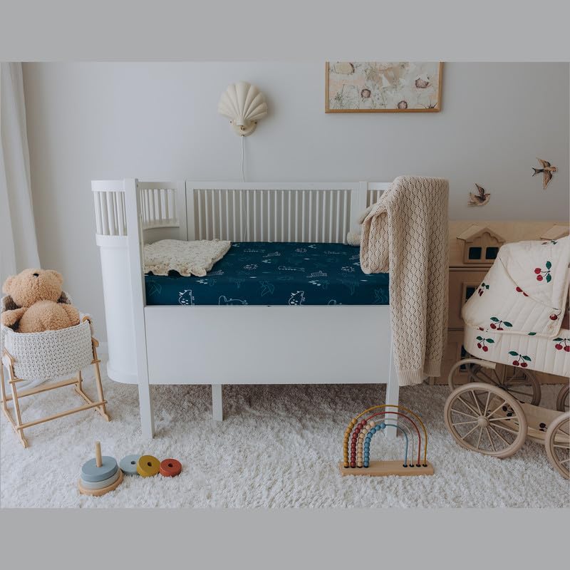 Premium 2-Pack 100% Cotton Crib Sheets for Boys & Girls - Ultra Soft Standard Crib Fitted Sheets (52x28 Inches) | Dinosaur & Denim Blue Designs | Perfect for Nursery, Daycare & Toddler Beds