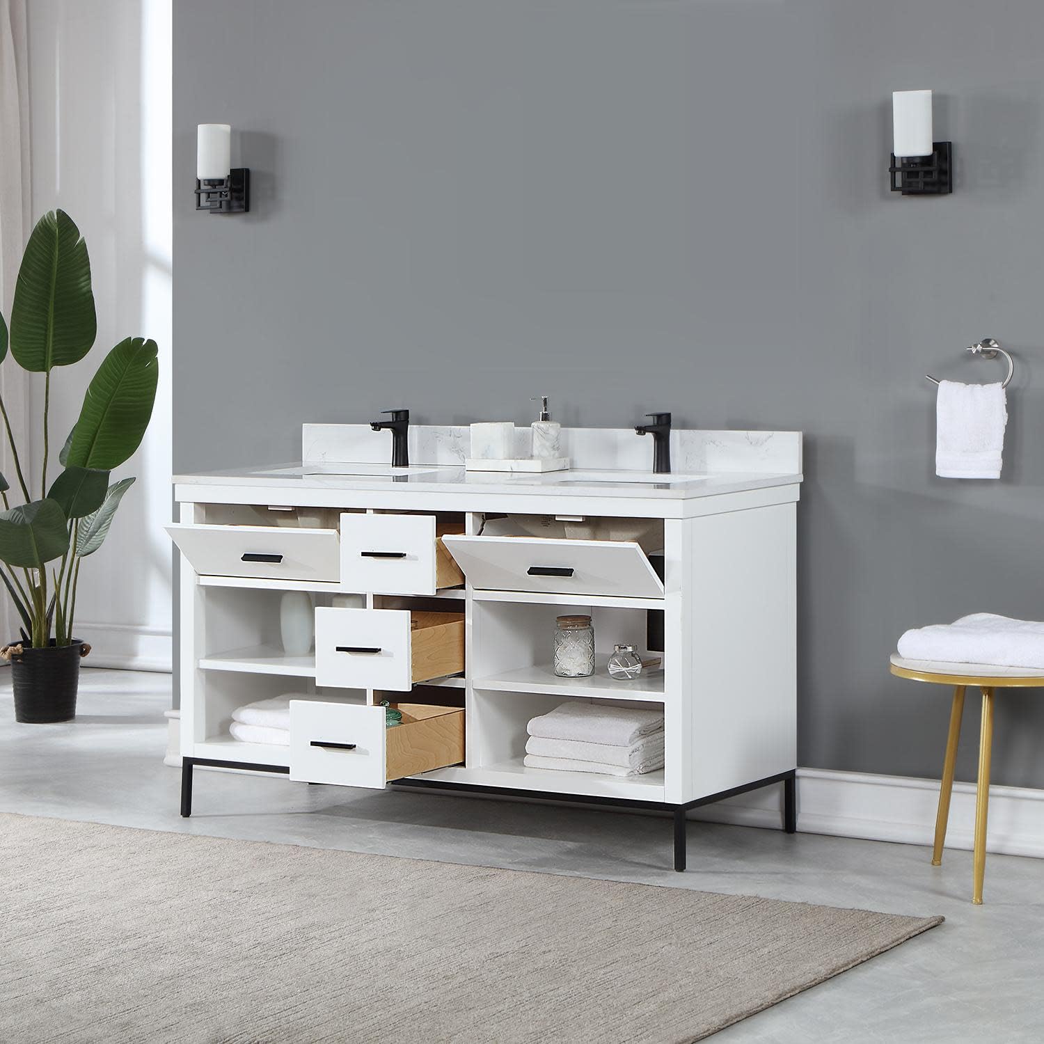 Kesia 60 Inch Double Sink Bathroom Vanity Set in Black Oak - Modern Bathroom Furniture for Master Bath & Guest Bath Remodel (No Mirror Included)