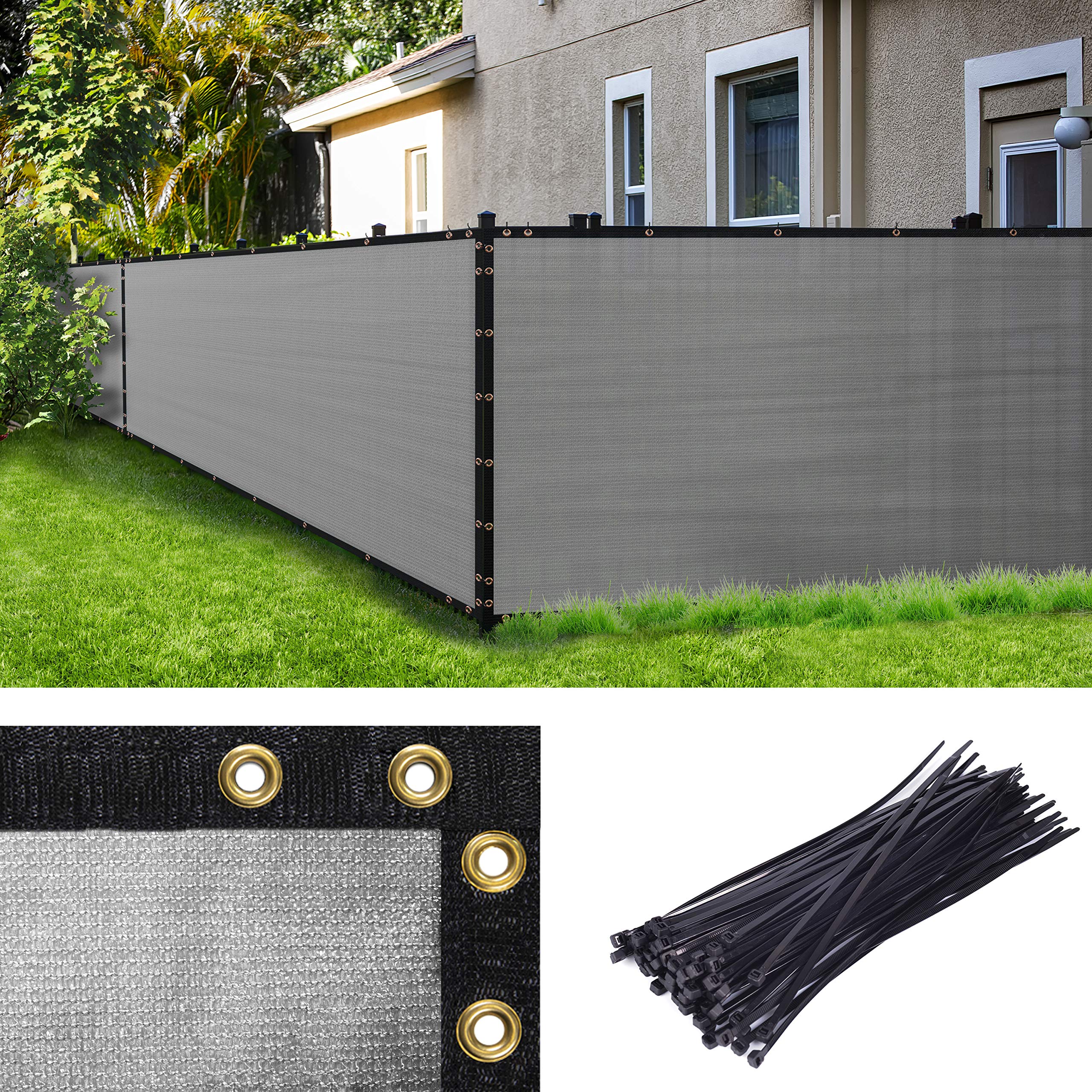 AMGO 3' x 167' Heavy Duty Grey Privacy Fence Screen with Grommets & Bindings - 90% UV Block Wind Barrier for Backyard, Garden & Commercial Use | Includes Cable Zip Ties | Custom Sizes Available