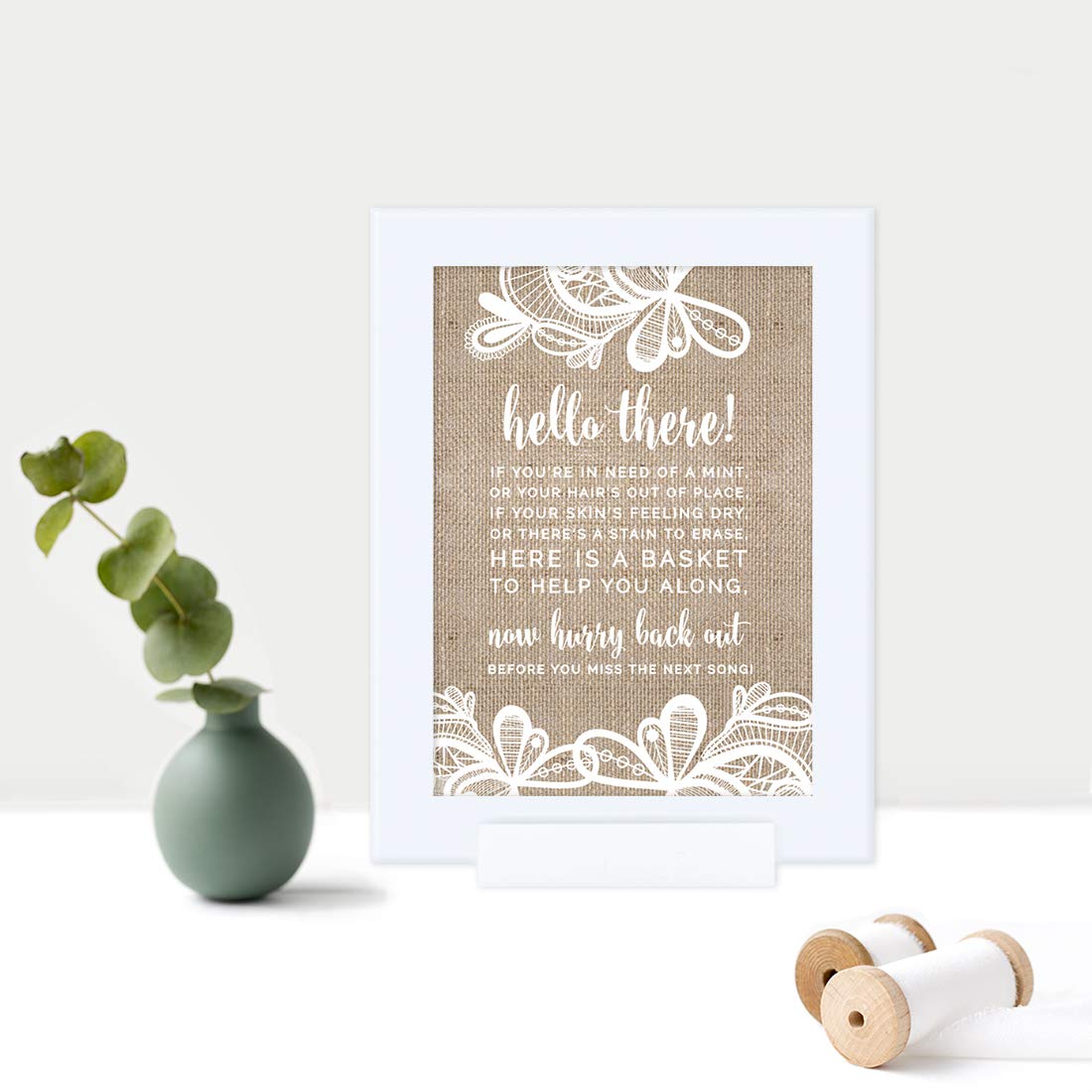 Elegant Andaz Press Wedding Framed Party Signs - 5x7 Inch Burlap Lace Printed Cardstock for Bathroom Basket Decor - 1-Pack with Frame - Perfect for Bridal Showers, Wedding Receptions & Home Decor