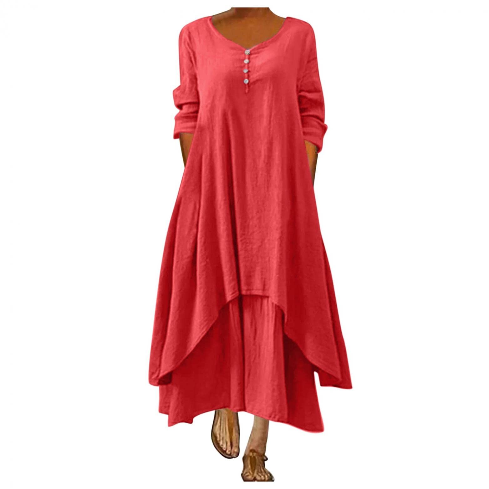 FABIURT Women's Summer Long Sleeve Bohemian Flowy Dress - Solid Button Down Maxi Dress for Party, Beach, Wedding & Casual Wear
