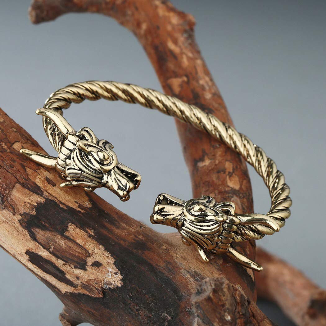 AILUOR Norse Viking Dragon Cuff Bracelet for Men - Adjustable Gold & Silver Pagan Jewelry, Cool Twisted Arm Rings for Medieval, LARP & Fantasy Costume Accessories