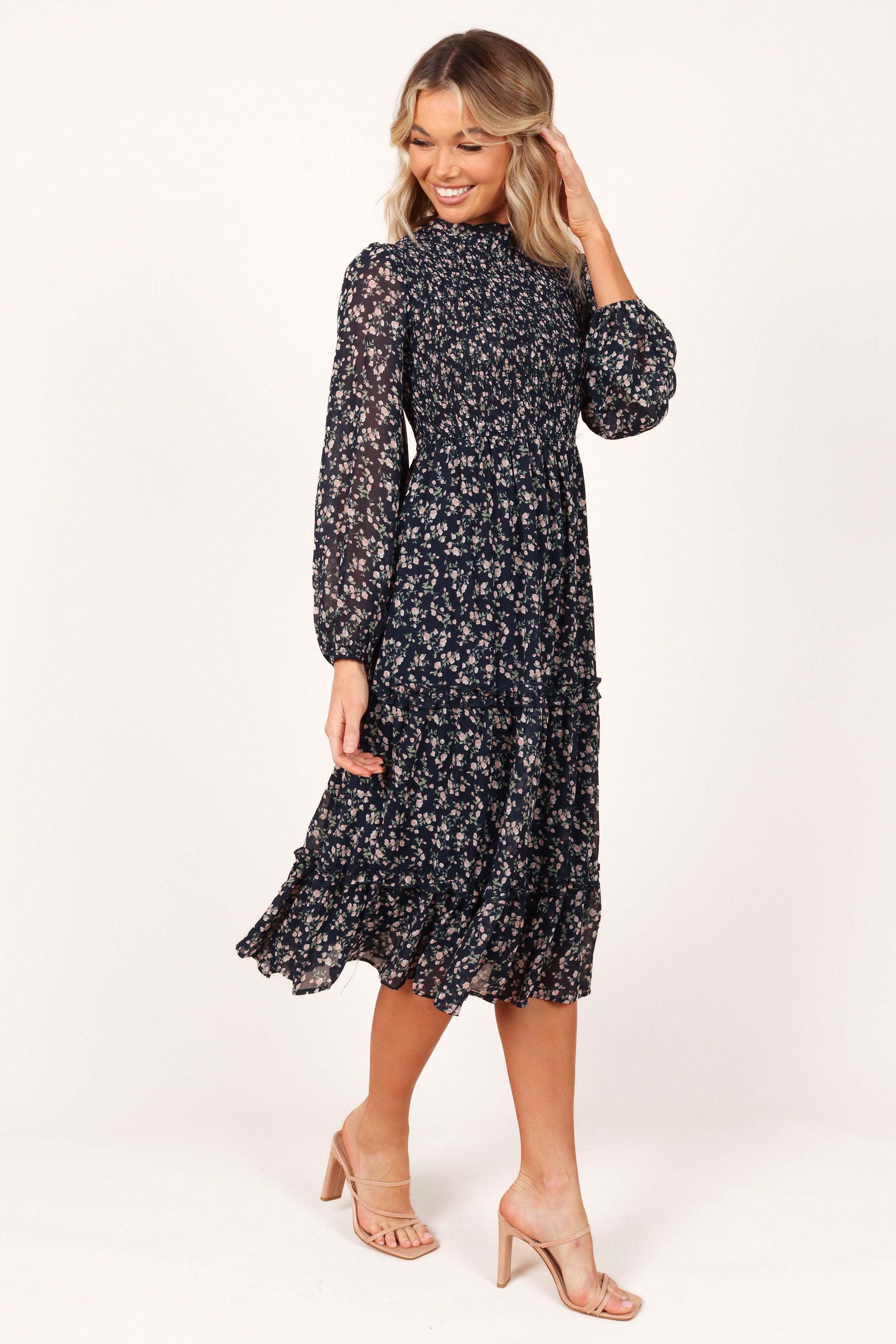 Edwina Women's Navy Floral Shirred Frill Long Sleeve Midi Dress - Elegant Party, Wedding Guest & Spring Occasion Outfit