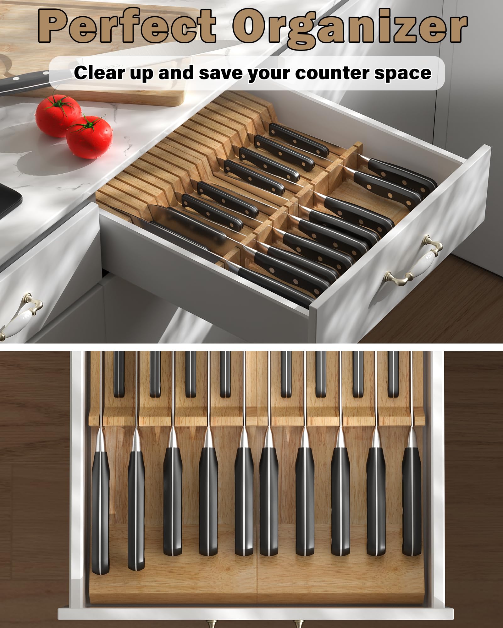Cook N Home 18-Slot In-Drawer Knife Block Organizer (2pc 9-Slot) - Premium Kitchen Knife Holder & Cutlery Storage for Drawers - Fits Up to 18 Knives (Knives Not Included) - Perfect for Organizing Chef Knives, Steak Knives & Kitchen Utensils