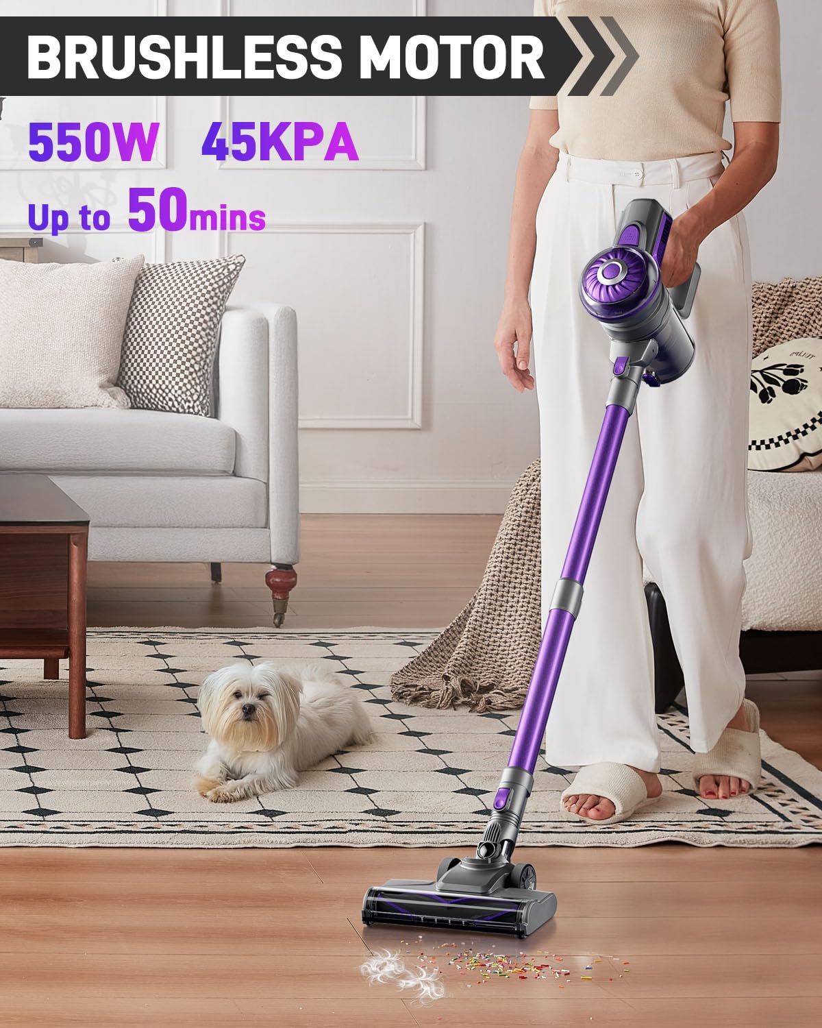 Powerful Cordless Stick Vacuum Cleaner - 38KPA Suction, 400W Motor, 50 Min Runtime, Lightweight & Portable for Pet Hair, Carpet, Hardwood Floors - Ideal for Home Cleaning, Quick Pickups & Car Detailing (Model S2)