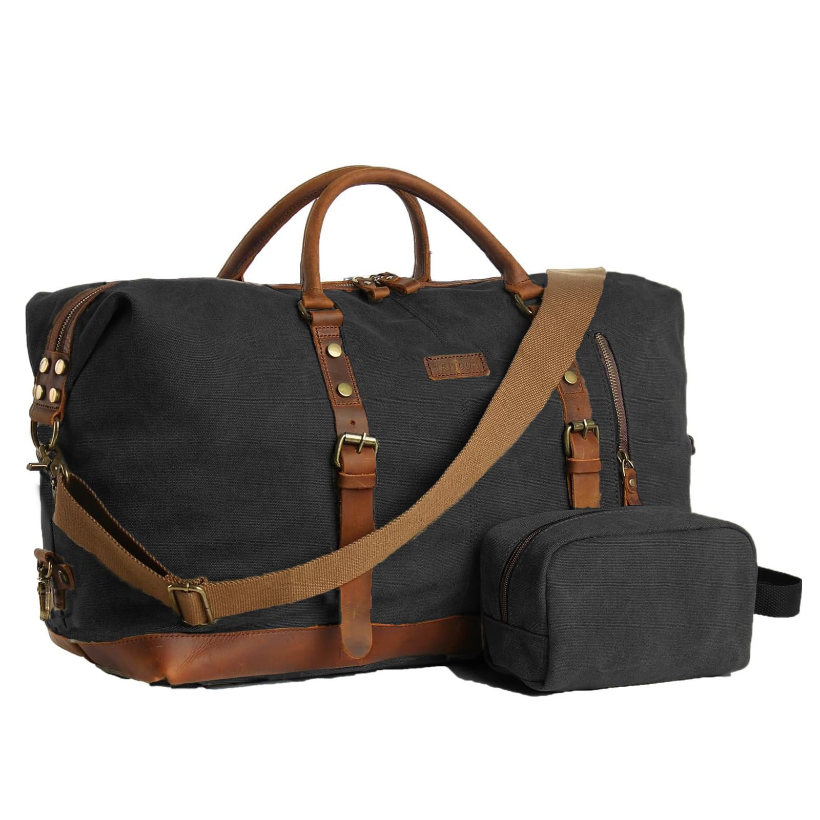 Premium Men's Leather & Canvas Duffle Bag - Large Travel Weekender Overnight Gym Bag with Detachable Toiletry Pouch (Black) - Perfect for Business Trips, Gym & Weekend Getaways