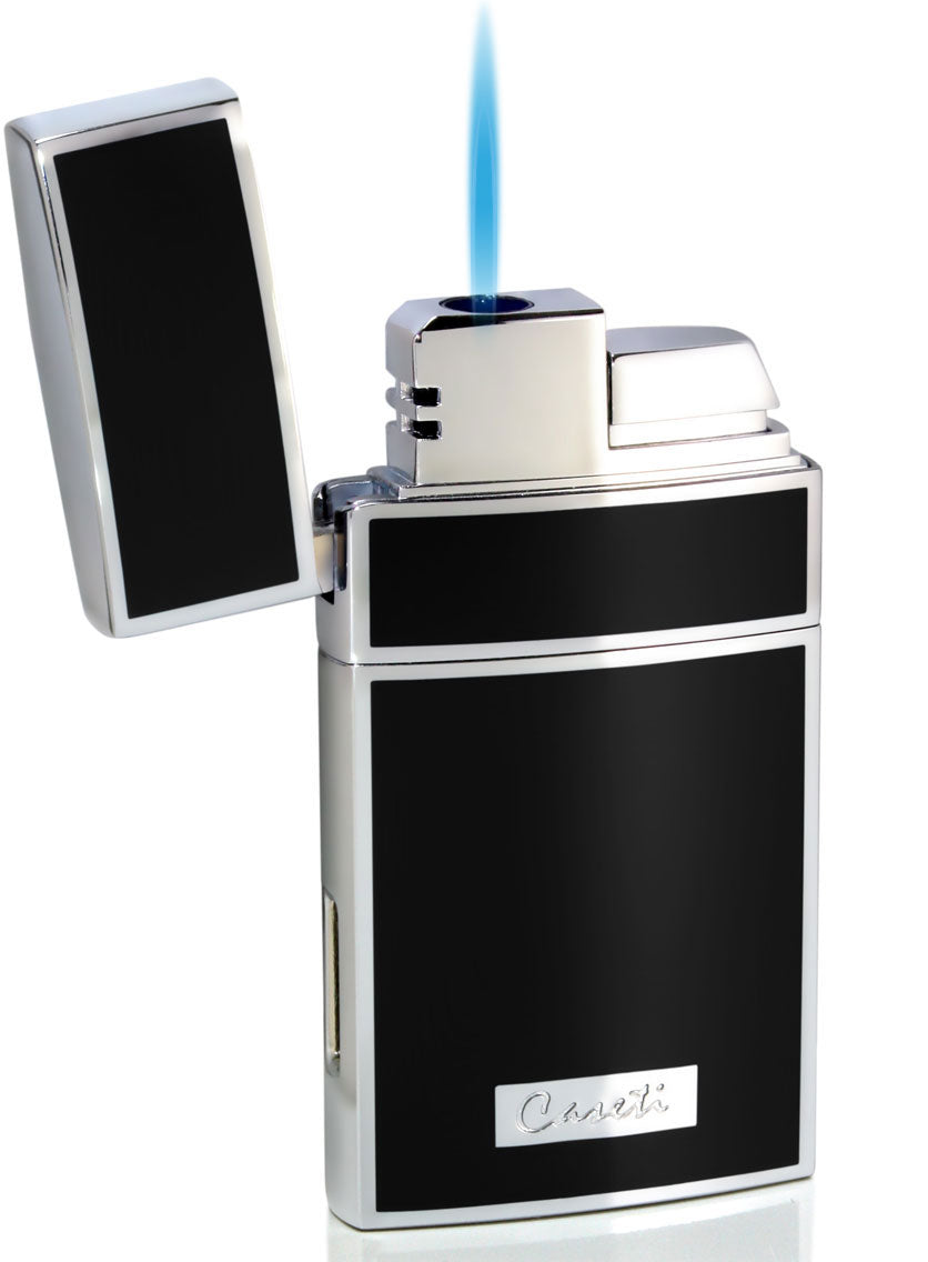Premium Caseti Troy Black Lacquer Single Flame Torch Lighter - Windproof Refillable Butane Lighter for Cigars, Candles & Outdoor Use