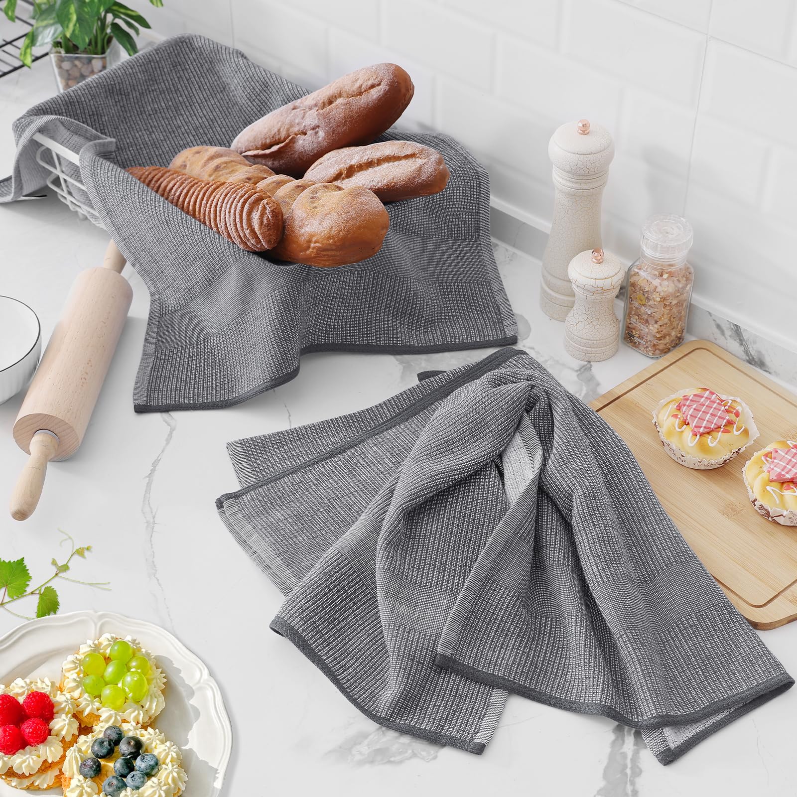 Homaxy Premium Kitchen Towels Set - 6 Pack Large Absorbent Cotton Dish Towels (18x28 Inches, 380 GSM) with Hanging Loop - Grey Flat & Terry Tea Towels for Cooking, Cleaning & Drying Dishes