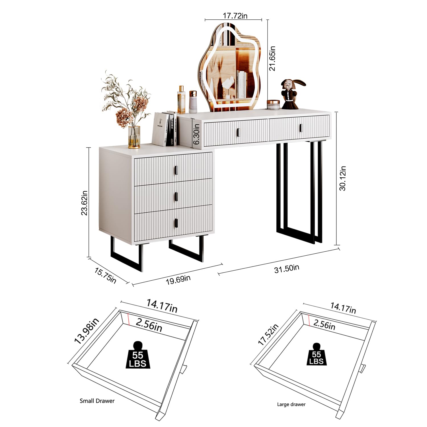 Modern White Vanity Desk with Mirror & Lights - 5 Drawers for Bedroom Makeup