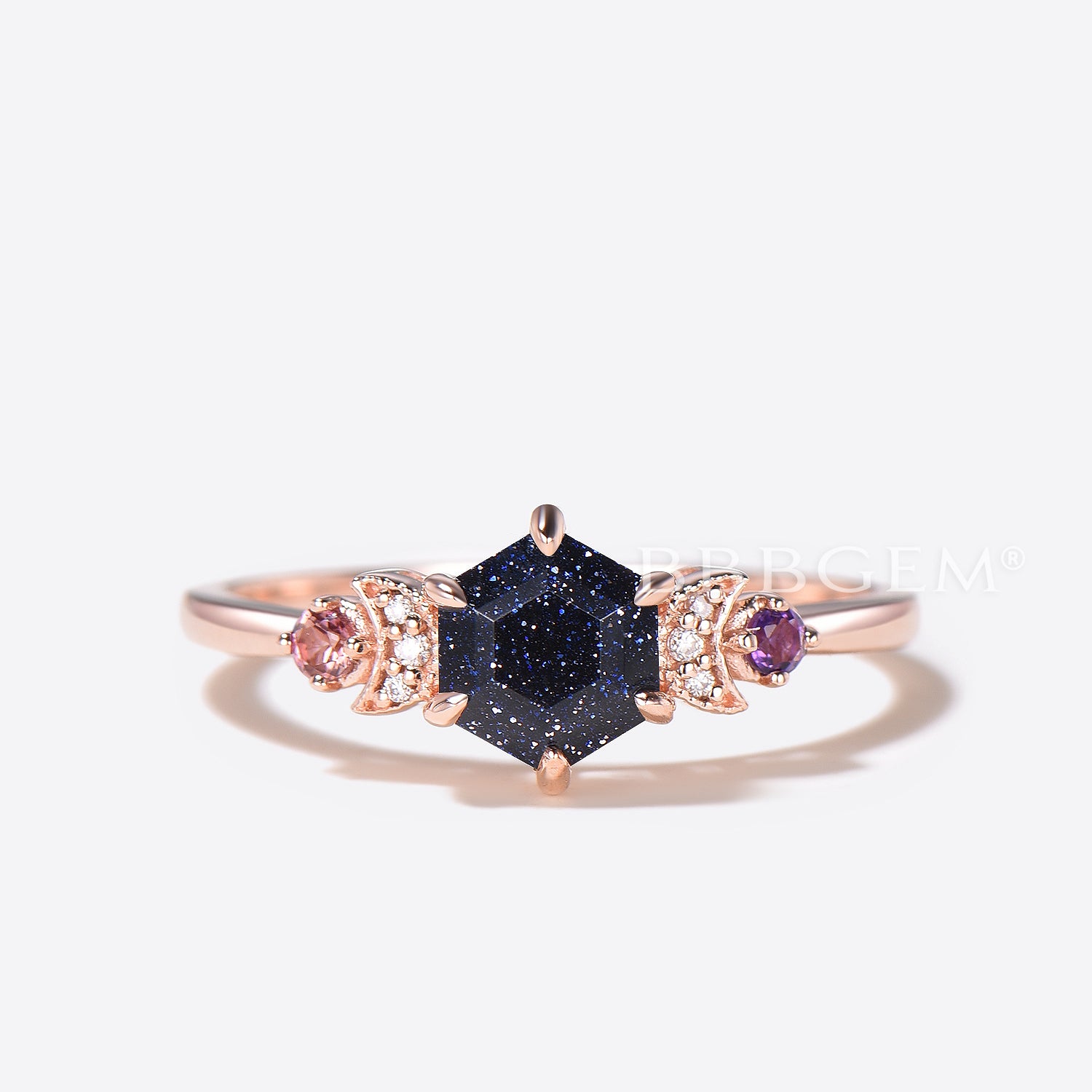 Hexagon Cut Blue Sandstone Engagement Ring - Tourmaline & Amethyst Cluster Wedding Band for Women - Perfect for Proposals, Anniversaries & Romantic Occasions