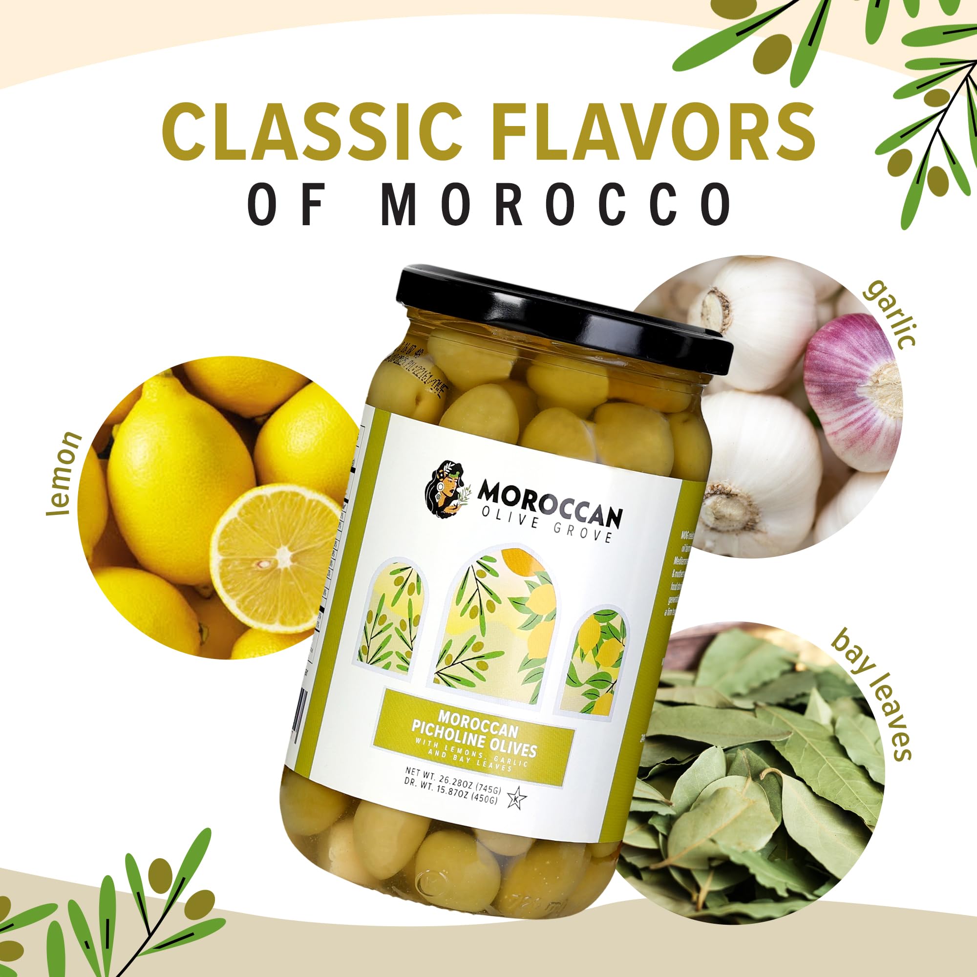 Premium Moroccan Picholine Olives - Authentic Mediterranean Flavor, 1 Pack (16oz) | Perfect for Salads, Charcuterie Boards & Healthy Snacking