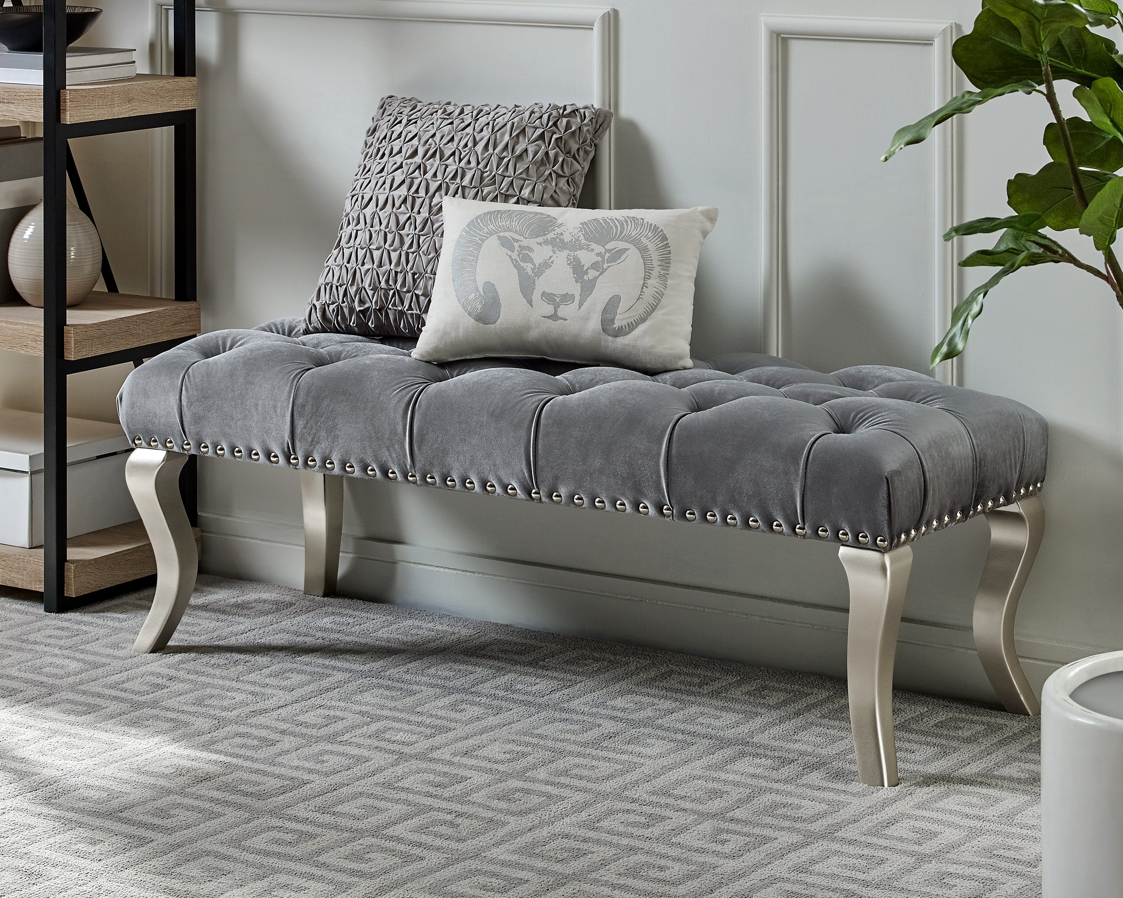 Roundhill Furniture Decor Maxem Tufted Fabric Upholstered Bench with Nailhead Trim - Gray Accent Seat for Living Room, Bedroom or Entryway
