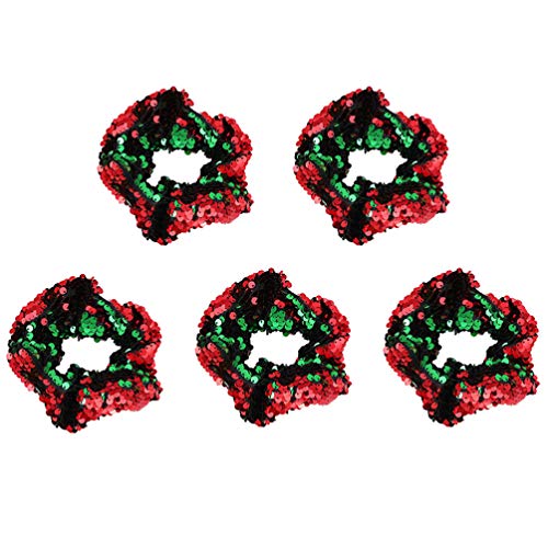 Amosfun 5 Pack Christmas Hair Scrunchies with Paillette - Sparkly Hair Bands, Elastic Hair Ties, Ponytail Holders for Women & Girls (Holiday Party, Gift, Daily Use)