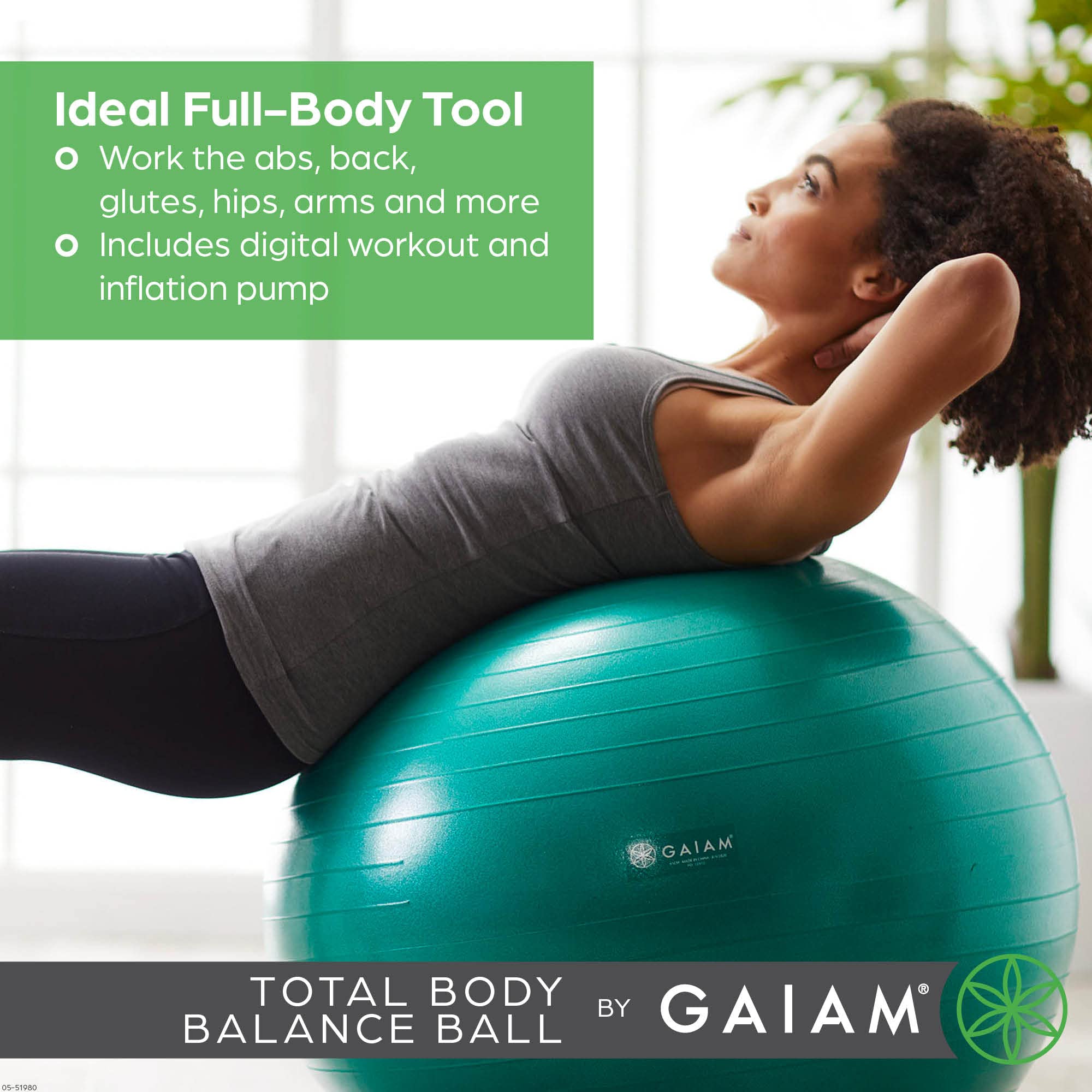 Gaiam Anti-Burst Exercise Stability Ball with Air Pump - Yoga, Pilates & Home Office Fitness - Perfect for Core Workouts, Posture Support & Desk Chair Replacement (Multiple Sizes)