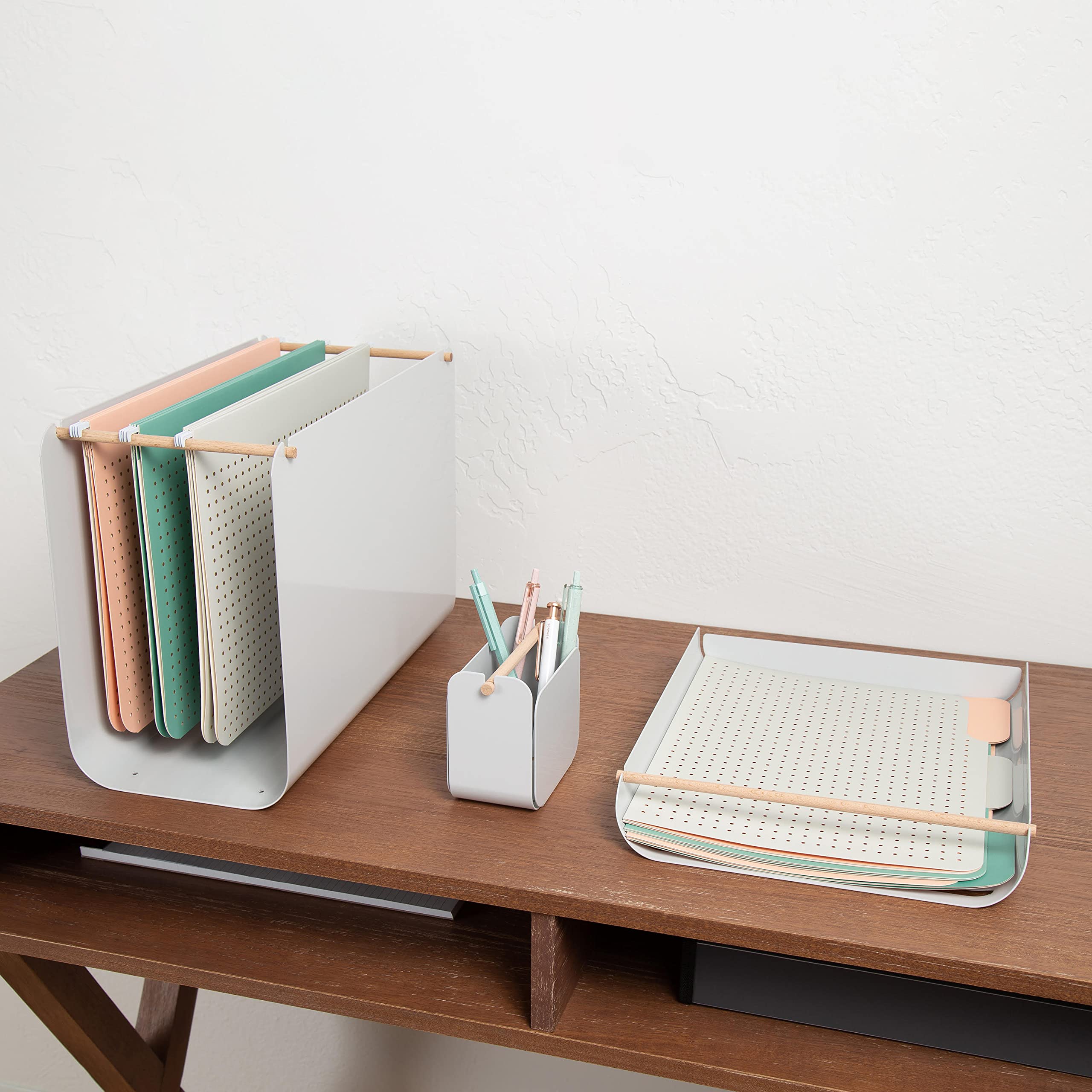 U Brands Arc Desk Filing Kit - 3-Piece Office Organizer Set with Paper Tray, File Box & Pencil Cup in Gray | Perfect for Home Office, Workspace & School Organization