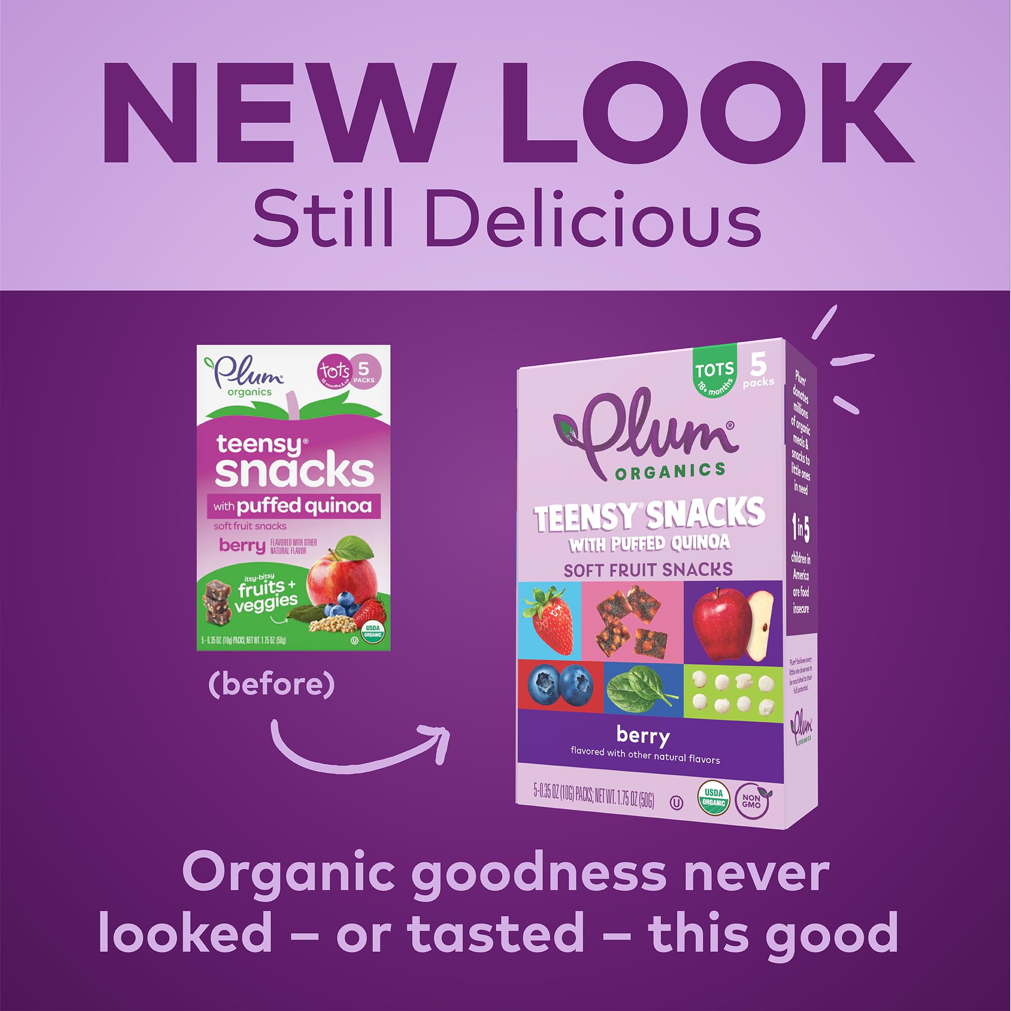 Organic Plum Teensy Snacks Berry Fruit & Quinoa Puffs - 40 Pack (0.35oz Bags) - Healthy Toddler Snacks for On-the-Go, Daycare & Lunchboxes