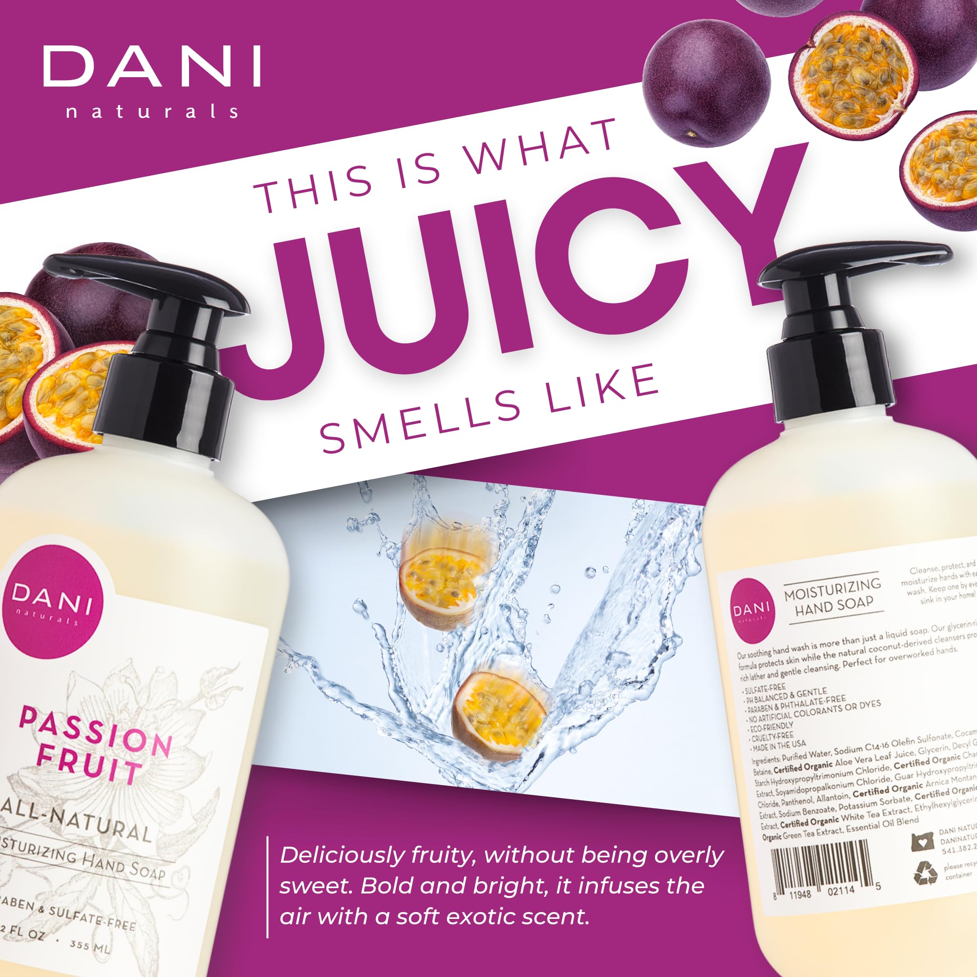 Dani Naturals Passion Fruit Hand Wash - 12 fl oz | Natural & Refreshing Foaming Soap for Kitchen, Bathroom & Office | Moisturizing & Gentle on Skin