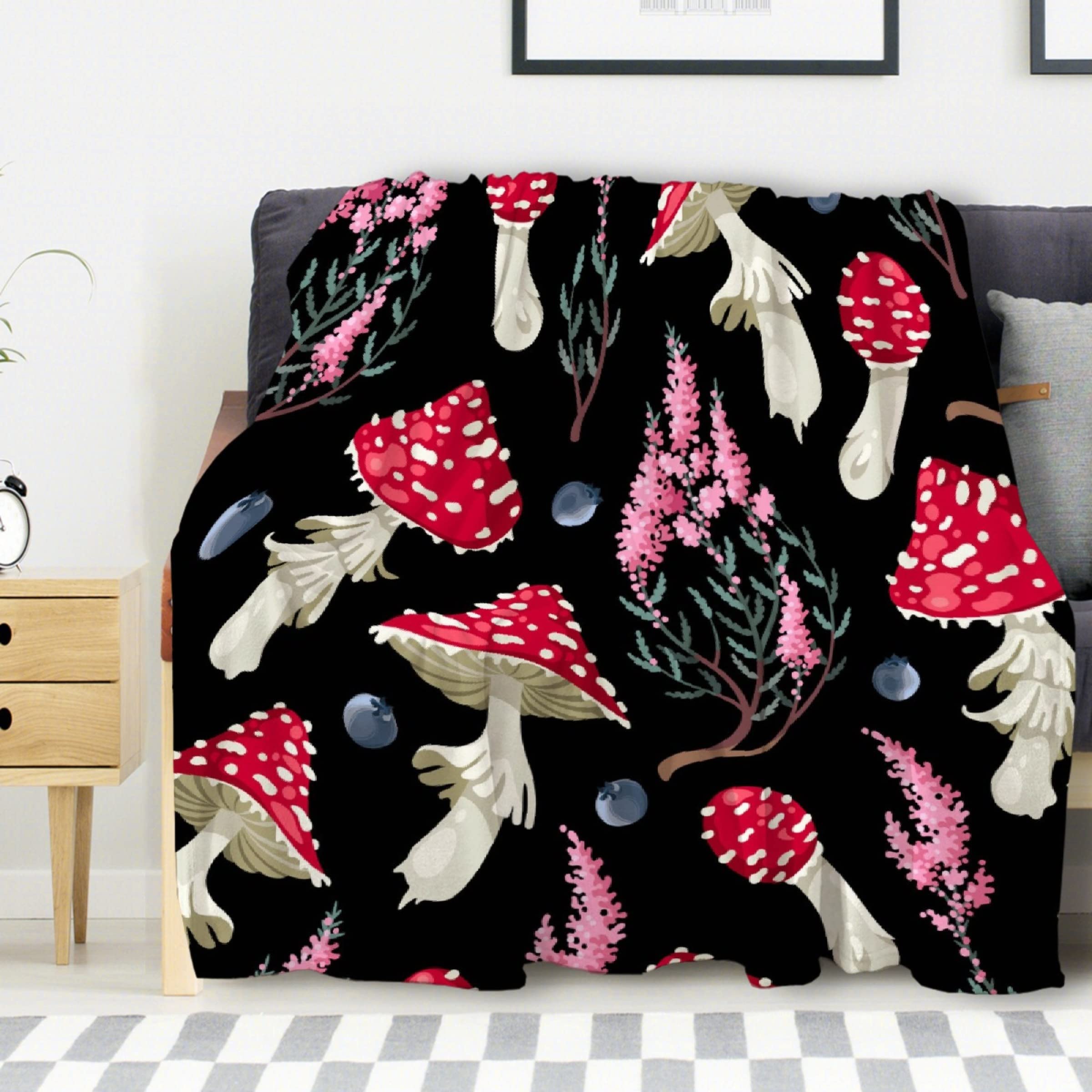 Premium Avalokitesvara Raw Forest Mushroom Print Flannel Blanket - Ultra Soft & Warm 120x90 Inch - Cozy Throw for Bed, Couch, Sofa - Perfect for Family Movie Nights & Winter Relaxation